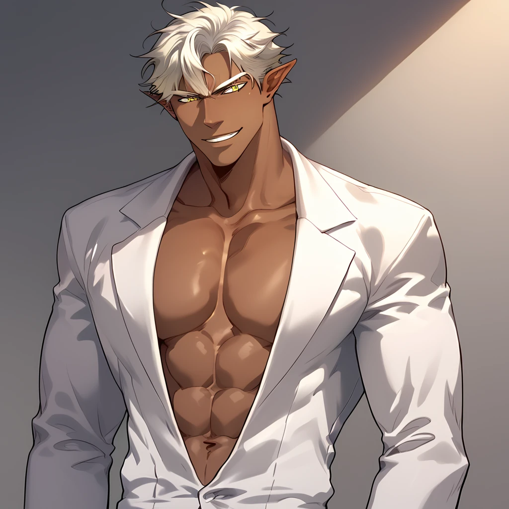 score_9, score_8_up, score_7_up,score_6_up, 1boy, man, cain, yellow eyes, dark skin, formal, abs, pectorals, pointy ears,smile, angry