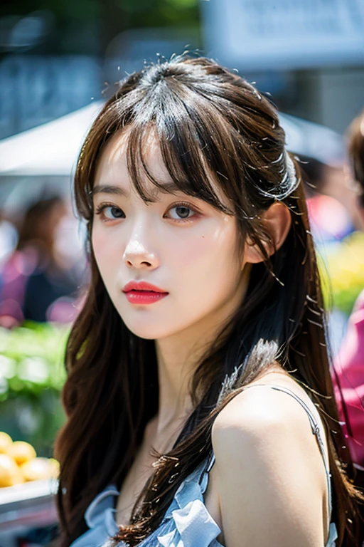 masterpiece, best quality, ultra-detailed, ultra high res, (photorealistic:1.4), raw photo, (realistic:0.2), 8k HDR, realistic lighting, looking at viewer, 1girl, solo, asymmetrical hair, outdoor, sky, (traditional market:1.2), bokeh, (detailed lips), (detailed pores), (detailed skin textures), (detailed face:1.2), (body:1.2), a woman in a sundress, cowboy shot,