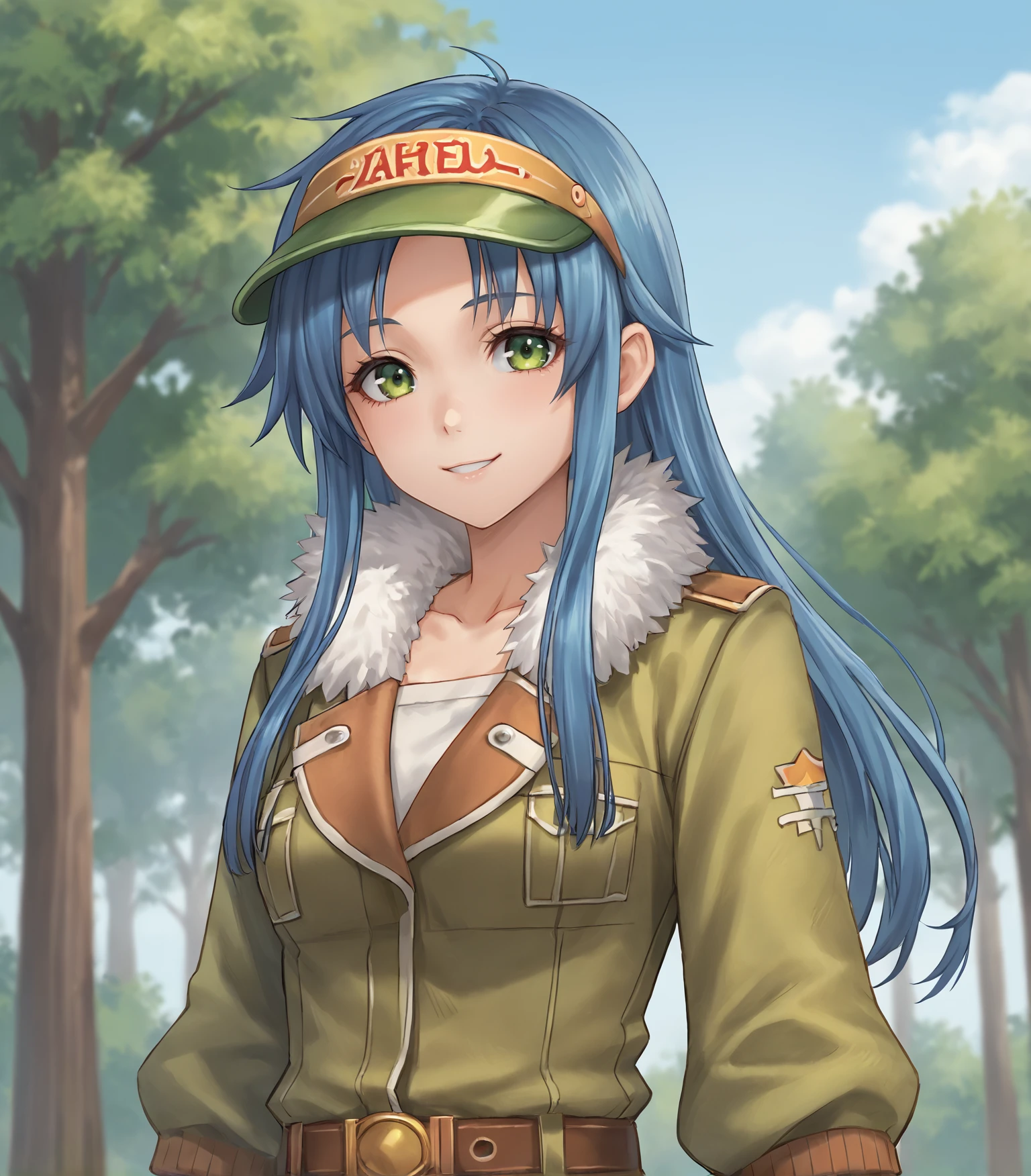 score_9, score_8_up, score_7_up, score_6_up, score_5_up, score_4_up, BREAK source_anime,
1girl, solo,  upper body, portrait ,  looking at viewer, smile, outdoors, sky, trees,
<lora:Racoonkun_Artist_Style:0.6>, racoonsan 
 <lora:JosetteCapuaColdSteel:0.9>, Josette Capua, blue hair, long hair, green eyes, medium breasts, visor cap, green coat, fur collar, orange skirt, brown belt, pantyhose, black gloves, brown boots