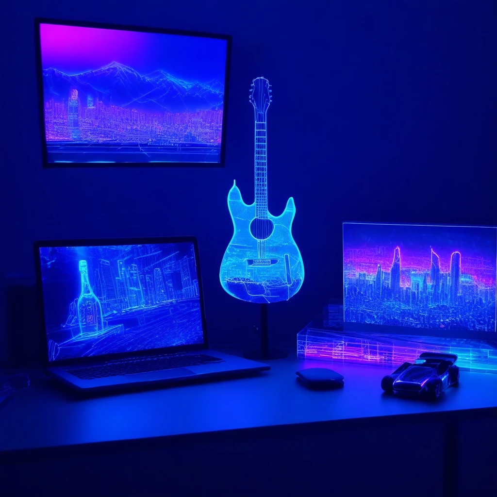 bottle, car, city, cityscape, computer, mountain, neon lights, book, sitting, guitar