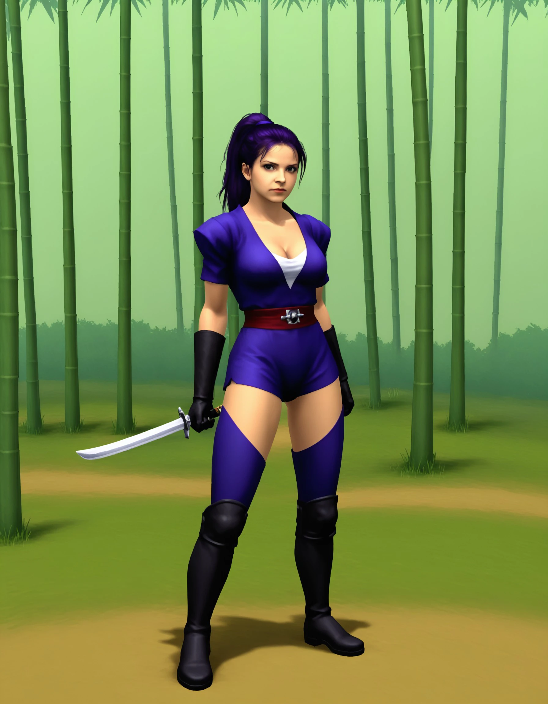 PS2 retro, 1girl, bamboo, solo, breasts, nature, bamboo_forest, forest, purple_hair, weapon, hip_vent, ninja, sword, cleavage, arms_behind_back, ponytail, photo_background, boots, realistic, large_breasts, no_bra, medium_breasts, gloves, character focus, low-poly, detailed pixelated textures, simple lighting, high contrast, minimal shading, single character, solo, sharp edges, vibrant yet muted colors, expressive features, PS2 Style, <lora:48df5d29-89be-4b6b-9206-cf58cae20b63:0.8>