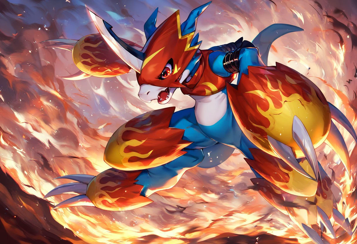 flamedramon (character), blue body, anthro, armor, belt, claws, clothing, crop top, headgear, helmet, male, shirt, topwear, red eyes, horns, digimon (creature), solo, no humans, claws, open mouth, full body, horns, arm belt, score_9, score_8, score_7_up, score_6_up, roar, running,