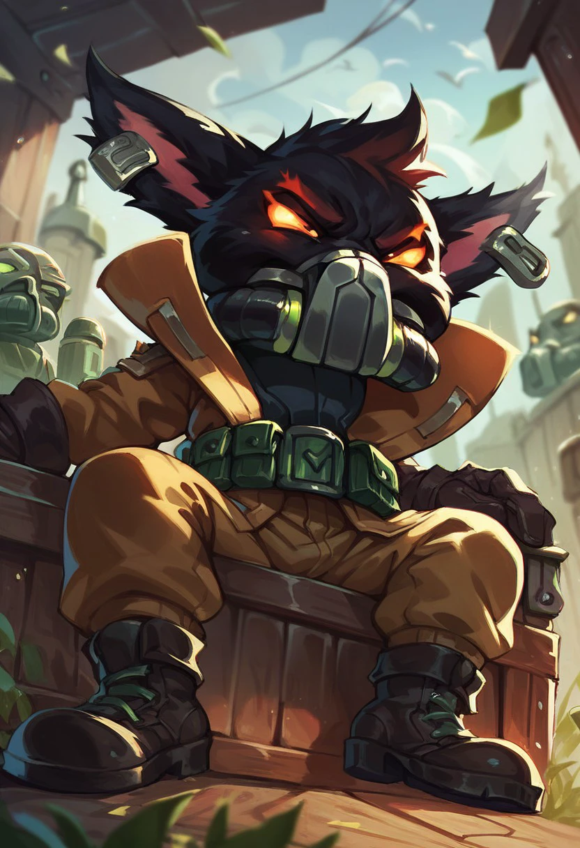 score_9, score_8_up, score_7_up, ultra quality, 1boy, yordle, shortstack, veigarxl, omegav, gas mask, military coat, belt, poach, black fur, glowing eyes, sitting, on crate, green lush background, angry, boots,