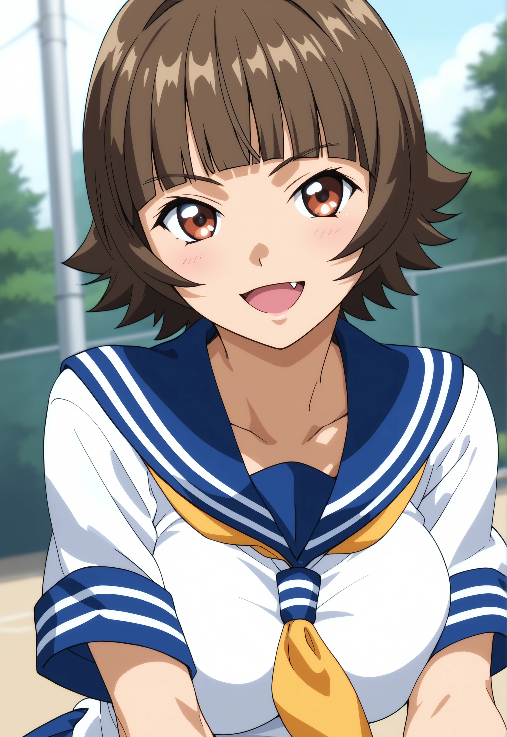 score_9, score_8_up, score_7_up, source_anime, 1girl, solo, outdoors, <lora:ChouhiekitokuPony_v01:0.8> Chouhiekitokupony, short hair, brown hair, brown eyes,blunt bangs, school uniform, serafuku, white serafuku, yellow neckerchief, large breasts, sexy,   glamor, anime screencap, dutch angle, looking at viewer, smile, open mouth, cowboy shot, (glaring:0.75), fang, 
<lora:vivid_everclear:0.1> <lora:flat_sdxl:-0.4> <lora:Fixhands_anime_bdsqlsz_V1:1>