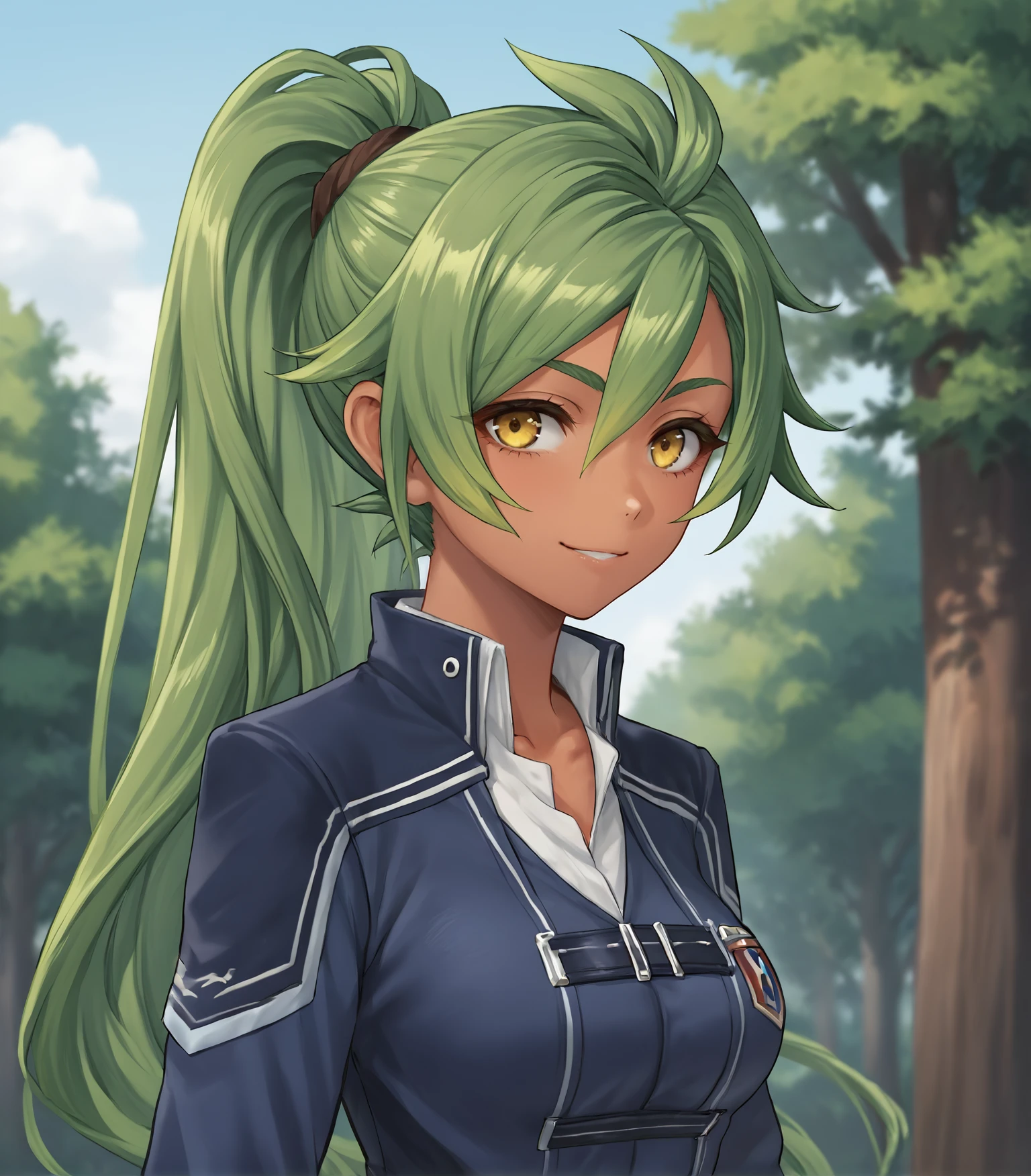 score_9, score_8_up, score_7_up, score_6_up, score_5_up, score_4_up, BREAK source_anime,
1girl, solo,  <lora:Leonora:0.9>, Leonora, green hair, dark skin, yellow eyes, long hair, ponytail, medium breasts, school uniform, blue jacket, thigh boots,
upper body, portrait looking at viewer, smile, outdoors, sky, trees,
<lora:Racoonkun_Artist_Style:0.6>, racoonsan,