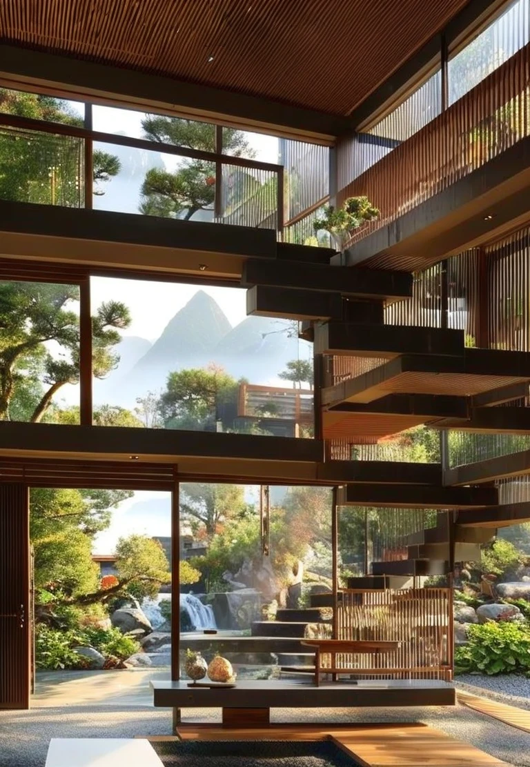 restaurant, scenery, no humans, modern interior design, (stairs:1.5), big glass window, distant mountains outside, waterfall outside, fog, flower tree on the mountain outside, slide door, tree, wooden floor, reflection, indoors, water pool under the stairs, east asia architecture,potted plant, water, night, (lamp:1),(lantern:1), lighting, <lora:Chinese Home Interior V3:1>,masterpiece,full detail, modern,LAOWANG,afternoon,sunset