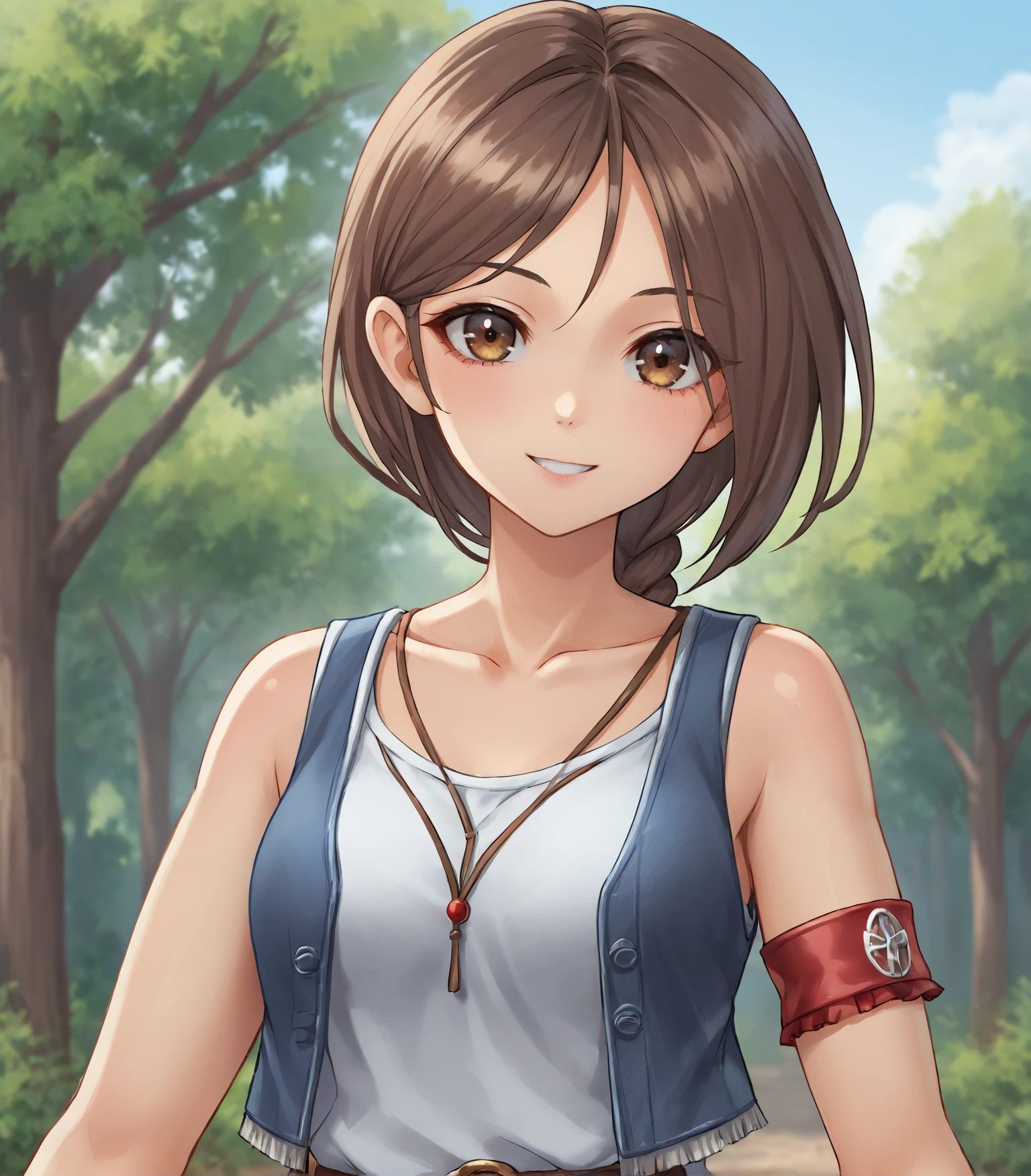 score_9, score_8_up, score_7_up, score_6_up, score_5_up, score_4_up, BREAK source_anime,
1girl, solo, upper body, portrait , looking at viewer, smile, outdoors, sky, trees,
<lora:Racoonkun_Artist_Style:0.6>, racoonsan
<lora:HalColeman:0.9>, Hal Coleman, brown hair, short hair, braided ponytail, brown eyes, medium breasts, jewelry, blue vest, white camisole, brown belt, grey miniskirt, red armband, bracelet, red sandals,