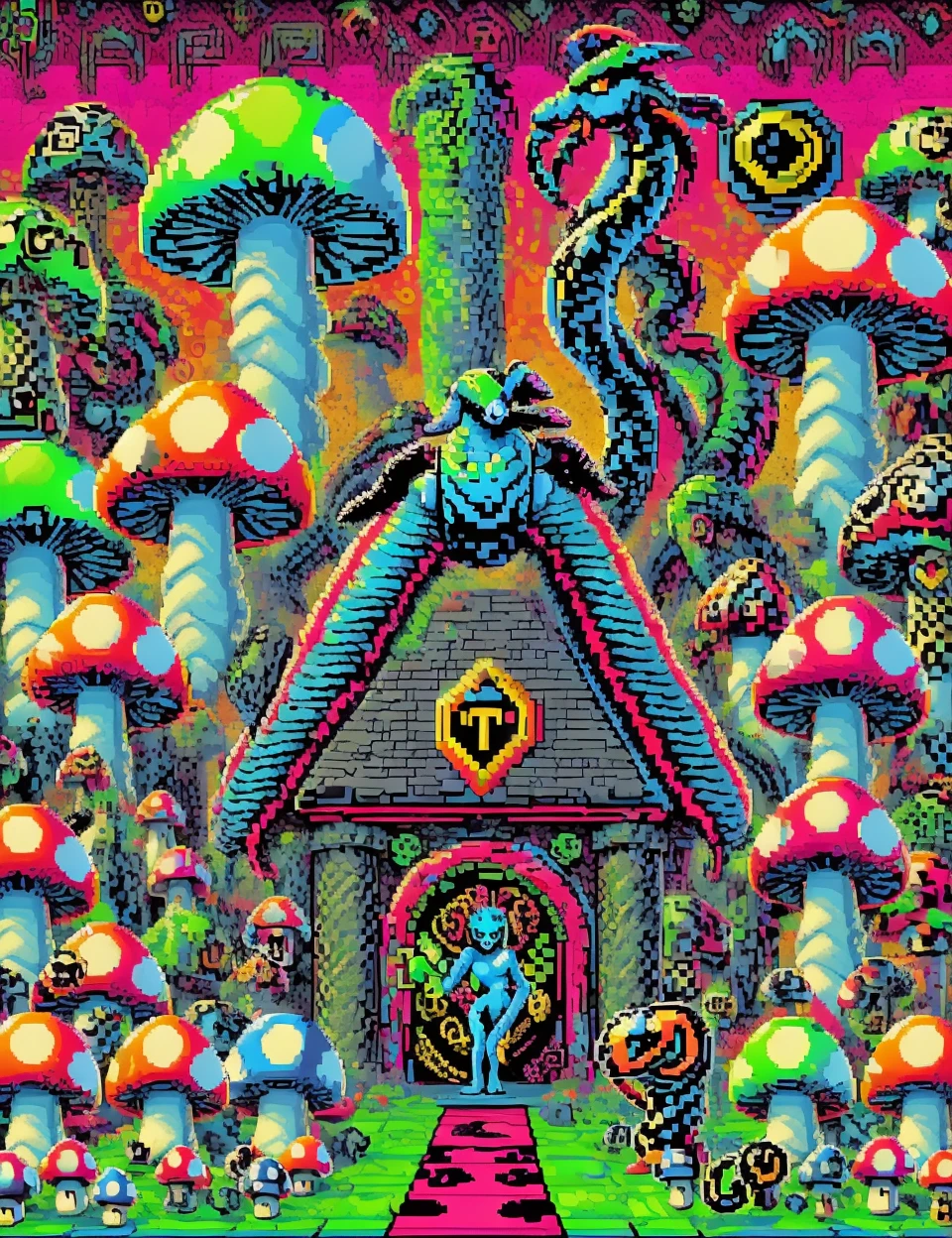 DonMShr00mK1ngd0mXL mushroom, , pixelart, hippogriff, humanoid upper body, serpentine lower body, coiled snakes for hair, venomous petrifying gaze, stone like skin, fierce and intimidating expression, ,medusa, powerful and dangerous mythical creature , rating_safe <lora:DonMShr00mK1ngd0m-000008:0.8>