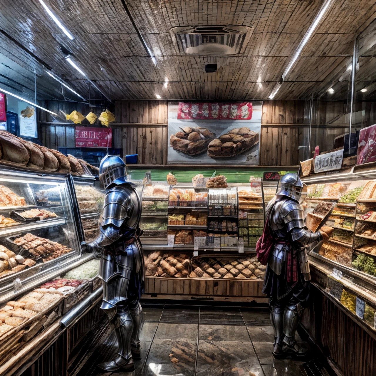 grocery store, shelves, bread, food, cashier, <lora:modernknight:0.8>, modernknight, knight, armor, helmet, very detailed, <lora:more_details:0.6>, high quality, highres, masterpiece, best quality, 8k, intricate, detailed, <lora:add_detail:0.6>