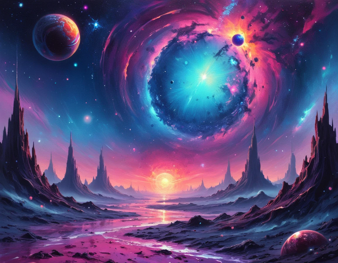 synthwave-galaxy,masterpiece, professional artwork, magical, landscape painting of a cosmic galaxy, deep space, stars and planets,planet surface,<lora:Synthwave_Galaxy:.8>