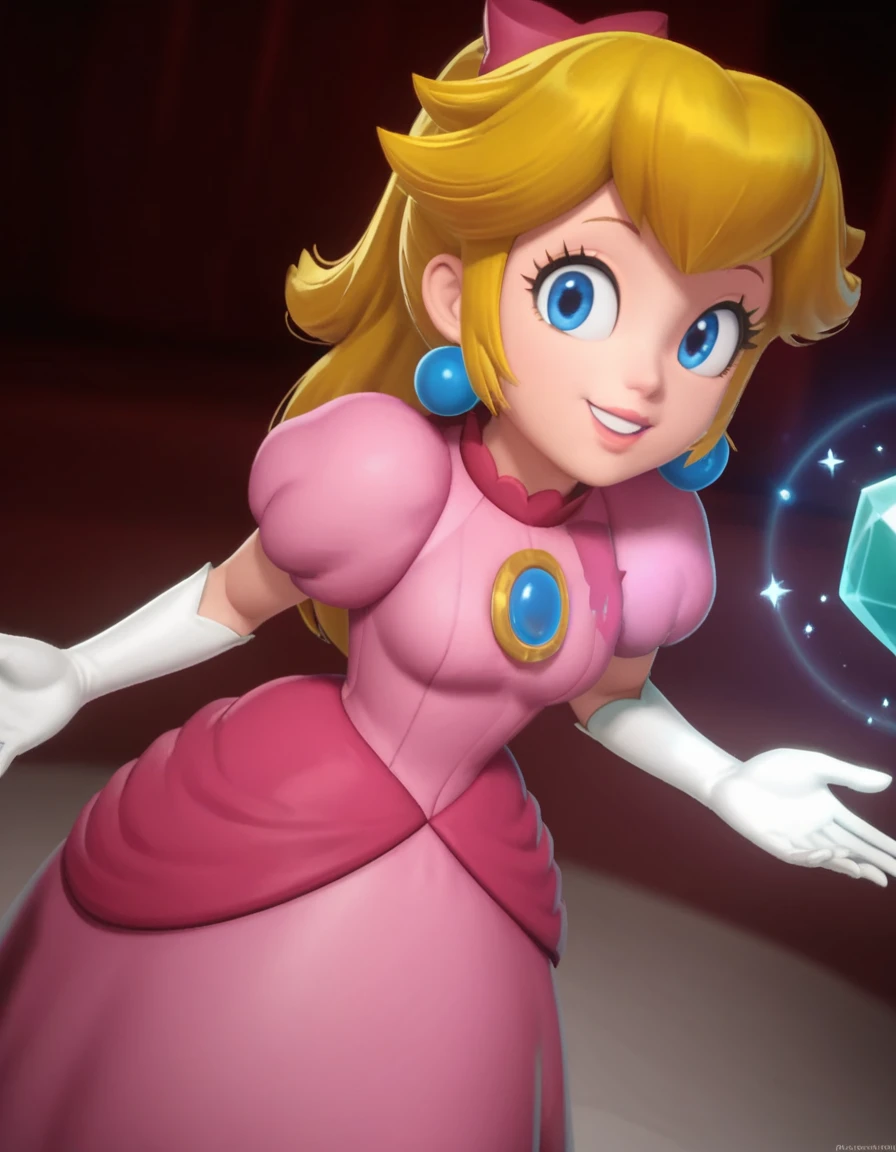 score_9, score_8_up, score_7_up, source_anime, <lora:princess-peach-showtime-ingame-ponyxl-lora-nochekaiser:1>, princess peach, blonde hair, blue eyes, long hair,, crown, dress, gem, gloves, pink dress, puffy short sleeves, puffy sleeves, short sleeves, white gloves,, indoors, bent over, smile, smug, looking at viewer, solo,, cowboy shot, dutch angle