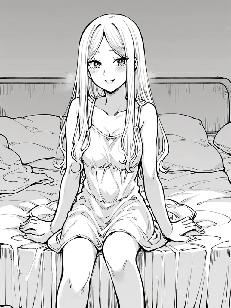 score_9, score_8_up, score_7_up, 
1girl, monochrome, ichijou michiru, white hair, parted bangs, long hair, 

sitting, on bed, sundress, white dress, smile, looking at viewer, blush, 