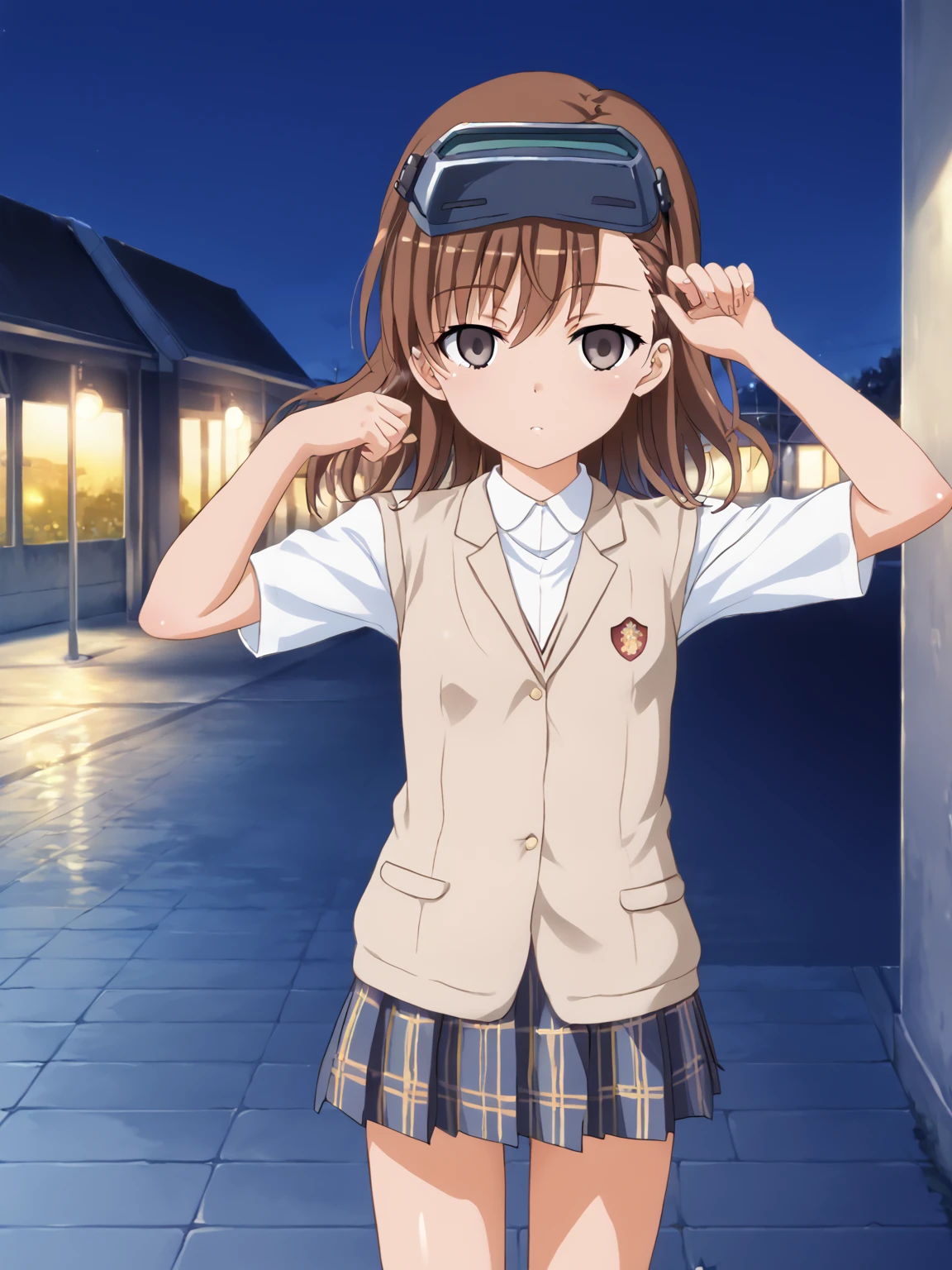 solo, <lora:misaka_imouto:1> misaka imouto,   1girl, small chest,, score_9, source_anime, score_8, , posing, (detailed:1.3),  <lora:pony_good_hands:1> good_hands,  5fingers, outside, city, night,   tokiwadai school uniform, imouto visor on head, empty eyes, general, (gekota:1.3), (pin on uniform:1.3)