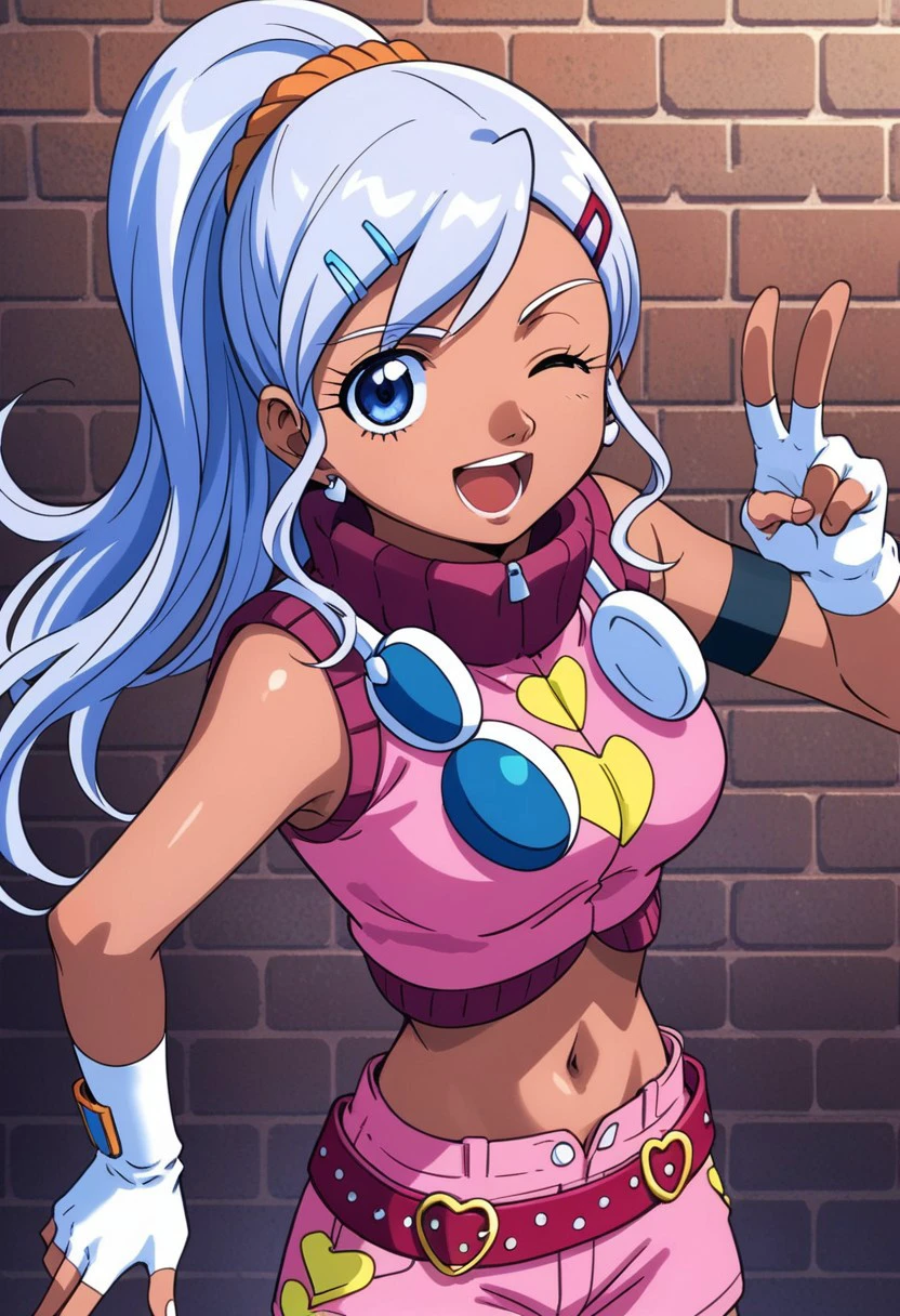 score 9, score 8 up, score 7 up, masterpiece_portrait, high quality, anime coloring, bakugan, julie makimoto, 1girl, gloves, solo, fingerless gloves, blue eyes,one eye closed, V, navel, long hair, shorts, dark-skinned female, midriff, dark skin, hair ornament, hairclip, open mouth, belt