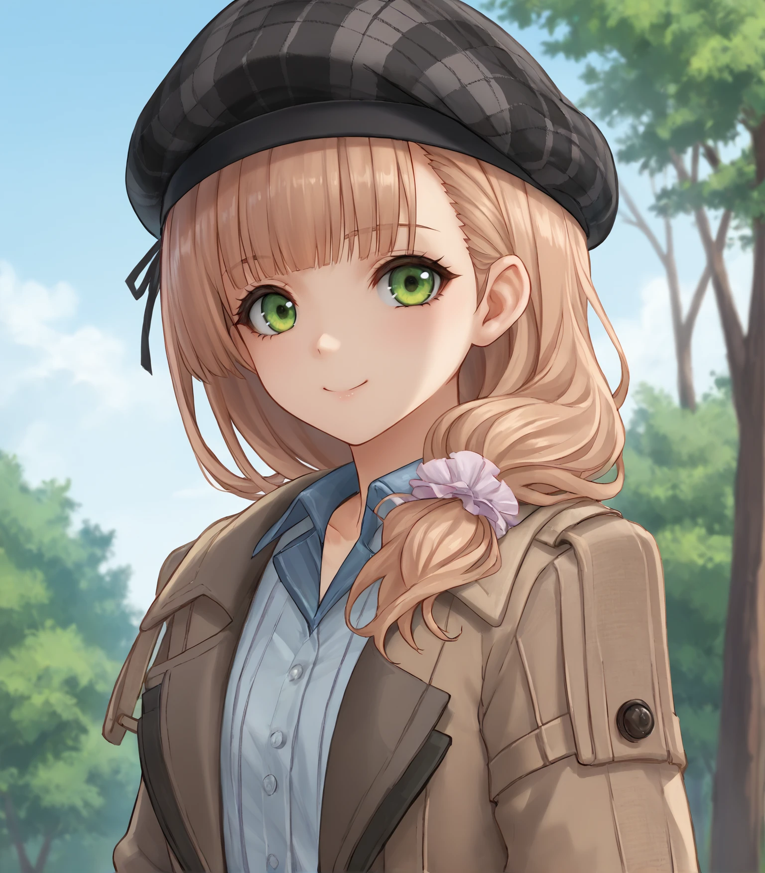 score_9, score_8_up, score_7_up, score_6_up, score_5_up, score_4_up, BREAK source_anime,
1girl, solo,  <lora:MarielleAyme:0.9>, Marielle, green eyes, light brown hair, hair over shoulder, small breasts, petite, shirt, brown coat, grey plaid shorts, red pantyhose, white boots, cabbie hat,, 
upper body, portrait, looking at viewer, smile, outdoors, sky, trees, 
<lora:Racoonkun_Artist_Style:0.6>, racoonsan,,