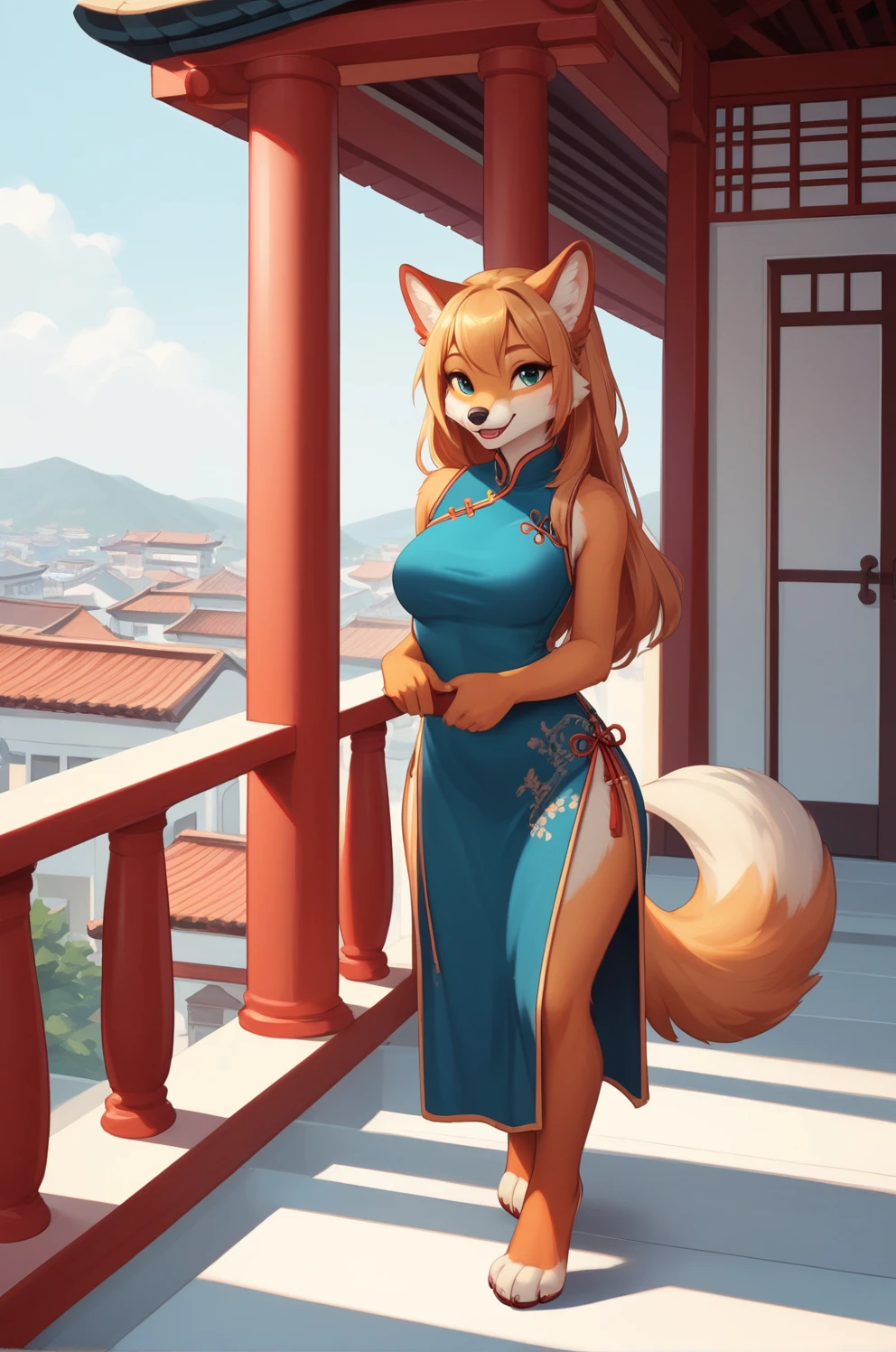 ,score_9, score_8_up, score_7_up,score_6_up, source_furry, Furry Mix PDXL, Cute furry fox girl, anthro,chinese dress, balcony, masterpiece, high quality,