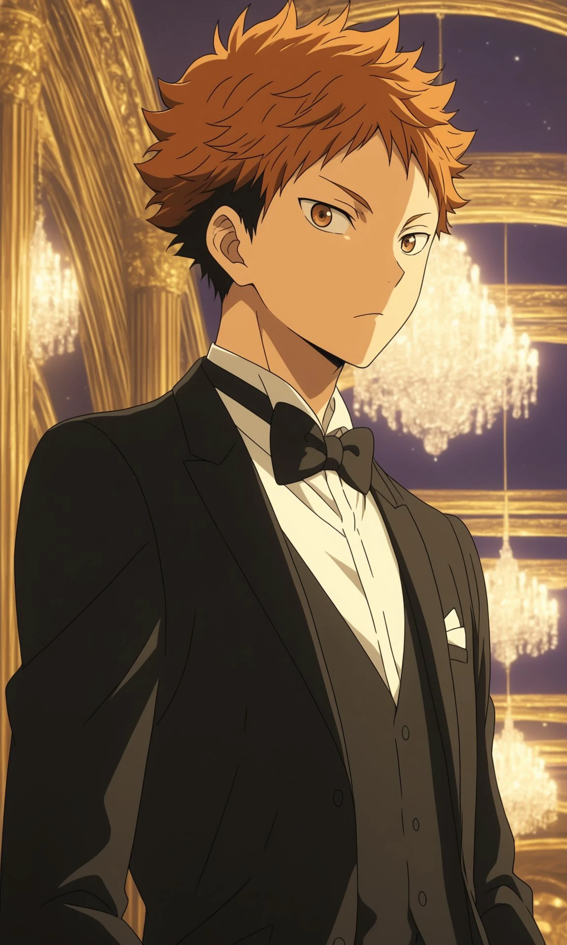 1boy, Shouyou Hinata from Haikyuu!!, BREAK source_anime , best quality,   wearing a black tuxedo with a bow tie, formal setting,  elegant lighting, evening atmosphere, detailed background  ,  <lora:tuxedo:0.6>