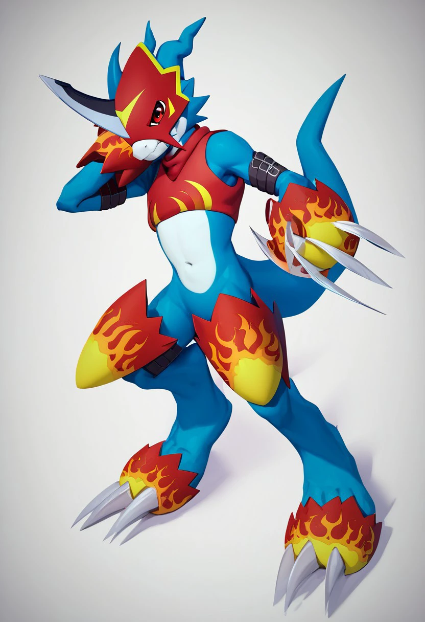 flamedramon(character), blue body, anthro, armor, belt, claws, clothing, crop top, headgear, helmet, male, shirt, topwear, red eyes, horn, digimon (creature), solo, no humans, claws, tail, white background, simple background, full body, horns, arm belt, score_9, score_8, score_7_up, score_6_up,