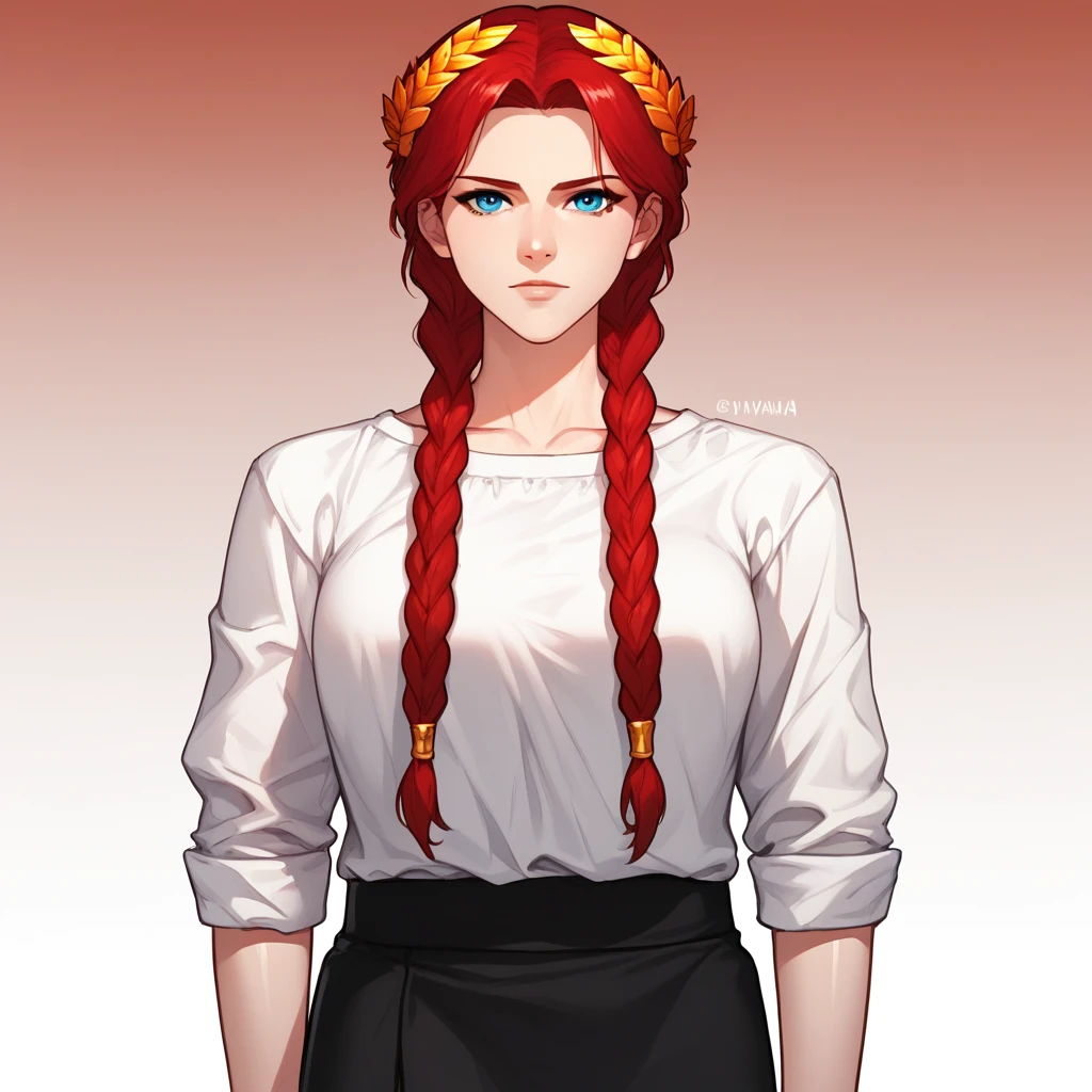 score_9_up, score_8_up, score_7_up, BREAK, 1girl, solo, red hair, twin braids, blue eyes, laurel crown, white shirt, suspender skirt, black skirt, cowboy shot, arms at sides, gradient background,  <lora:LaurelCrown_PXL_Leaf:1>,   looking at viewer,  <lora:Manhwa_Style_PXL_Leaf1:1>, manhwa