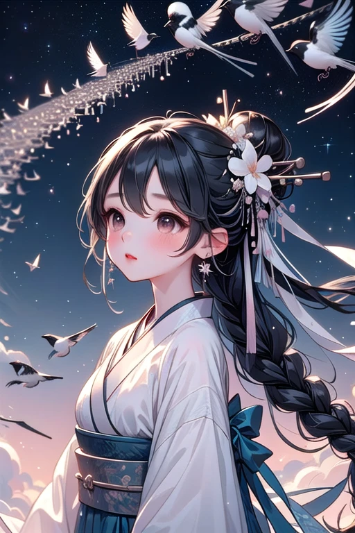 ((magpie bridge)), ((birds flock)), ((tanabata)), hanfu, weaver girl, big breasts, flying, long hair, braids, hair flower, hair ornament, necklace, earrings, floating hair, fog, wind, cloud, high sky, starry sky, colorful sky, upper body, close-up,<lora:girllikemagpiebridge:0.8>