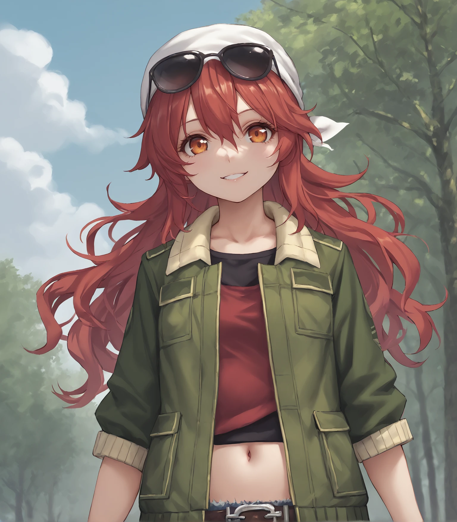 score_9, score_8_up, score_7_up, score_6_up, score_5_up, score_4_up, BREAK source_anime,
1girl, solo,  upper body, portrait ,  looking at viewer, smile, outdoors, sky, trees,
<lora:rhasta:0.6>, <lora:piromizu_2:0.6> , 
 <lora:Jingo:0.9>, Jingo, long hair, red hair, messy hair, sidelocks, orange eyes, small breasts, short, sunglasses on hair, white bandana, green jacket, open jacket, cutoffs, crop top, navel, fur lined shorts, jean shorts, brown boots,