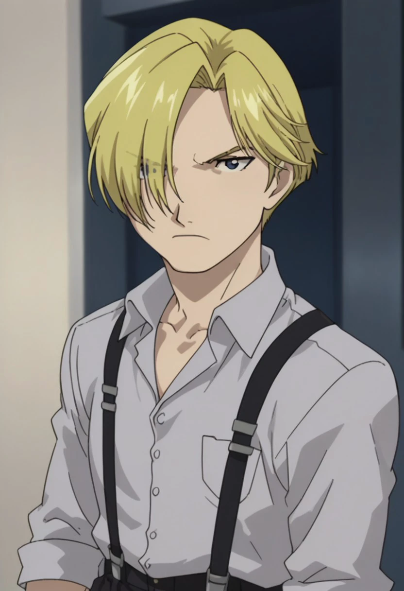 score_9, score_8_up, score_7_up, source_anime, highly detailed, 

russelltringham, 1boy, solo, male focus, blonde hair, blue eyes, hair over one eye, holding, parody, looking at viewer, upper body, suspenders, shirt, collared shirt, pants, frown, looking to the side,