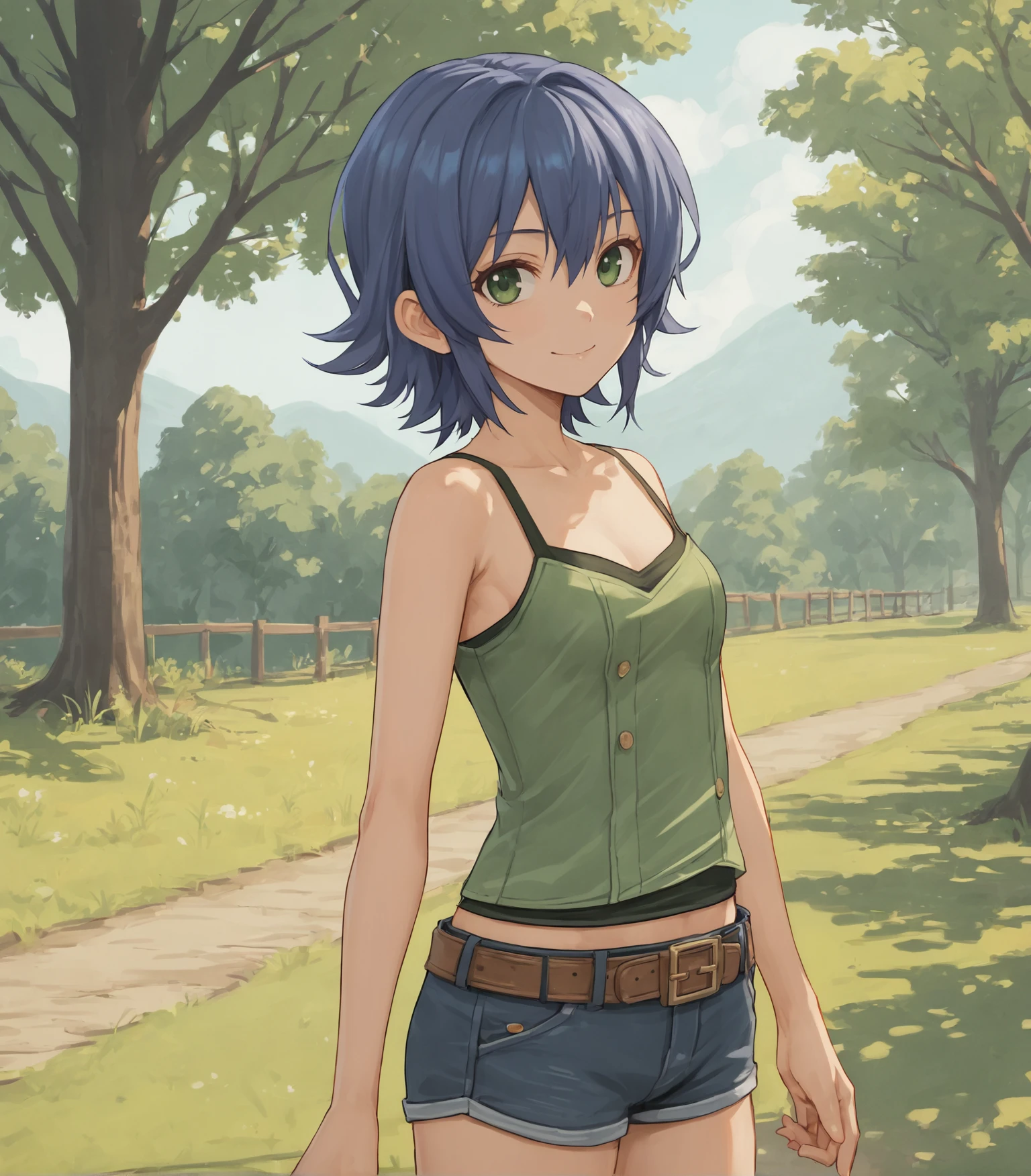 score_9, score_8_up, score_7_up, score_6_up, score_5_up, score_4_up, BREAK source_anime,
1girl, solo,  cowboy shot ,  looking at viewer, smile, outdoors, sky, trees,
 <lora:Sully:0.9>, Sully Atraid, blue hair, short hair, green eyes, petite, small breasts, green top, camisole, jean shorts, brown belt, hotpants, sneakers, white socks,