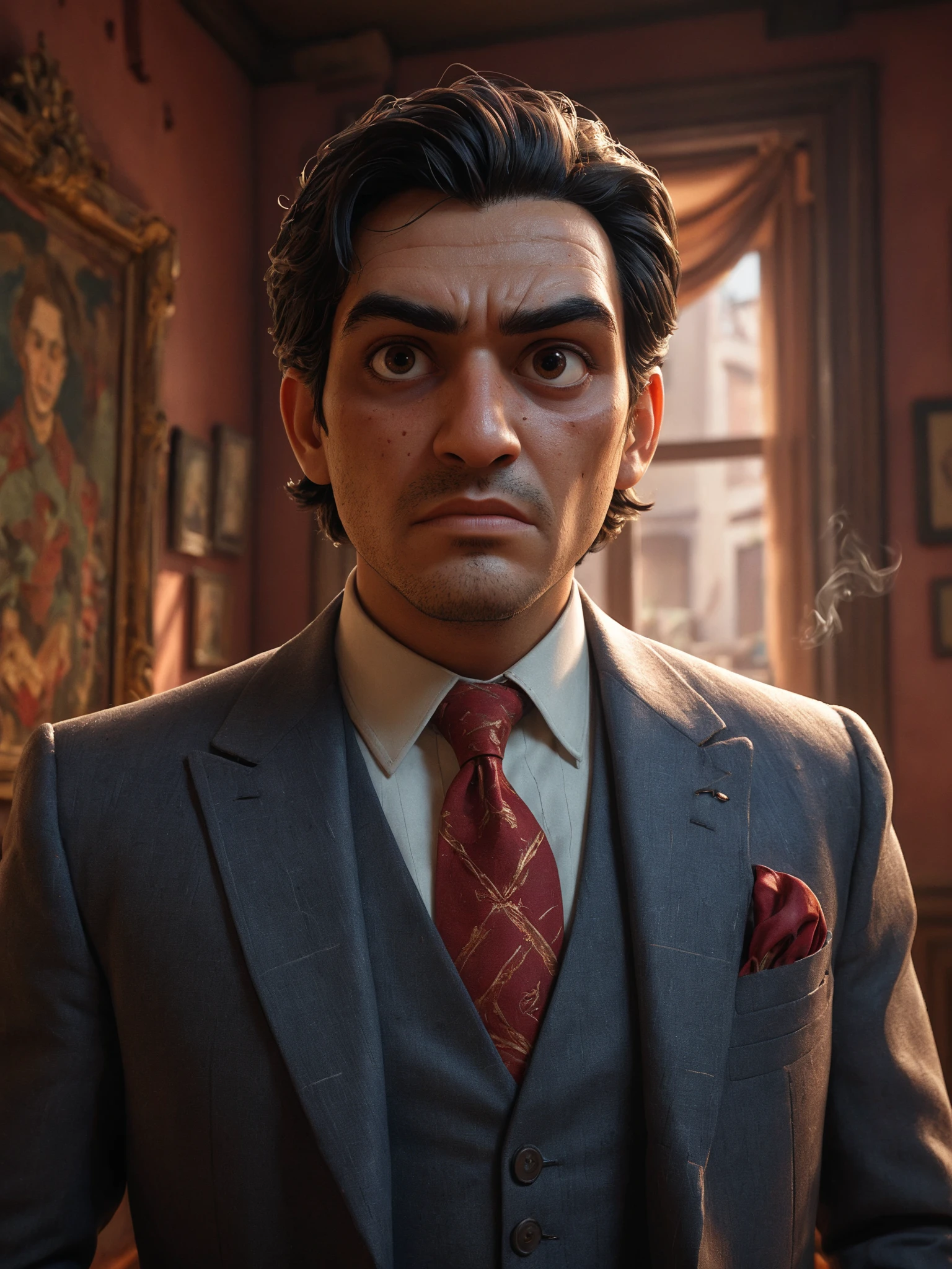 A captivating portrait of Edgar Valdez, a notorious drug lord turned informant. With a chiseled face, piercing eyes, and slicked-back hair, Valdez exudes both power and menace. He wears a tailored suit, a symbol of his former affluence, and holds a lit cigar in one hand. The background is a dimly-lit room with shadows cast across the walls, creating an atmosphere of mystery and danger.
epic action, Unreal Engine, cinematic award winning artwork, many details, extreme detailed, full of details,Wide range of colors., dramatic, Dynamic,Cinematic,Sharp details, Insane quality. Insane resolution. Insane details. Masterpiece. 32k resolution. casting shadow style, cucoloris patterned illumination, dvr-lnds-sdxl, ral-dissolve, ral-ertmsphr, ral-porcelain, ral-pxlprtcl, Niji, aidma-niji
