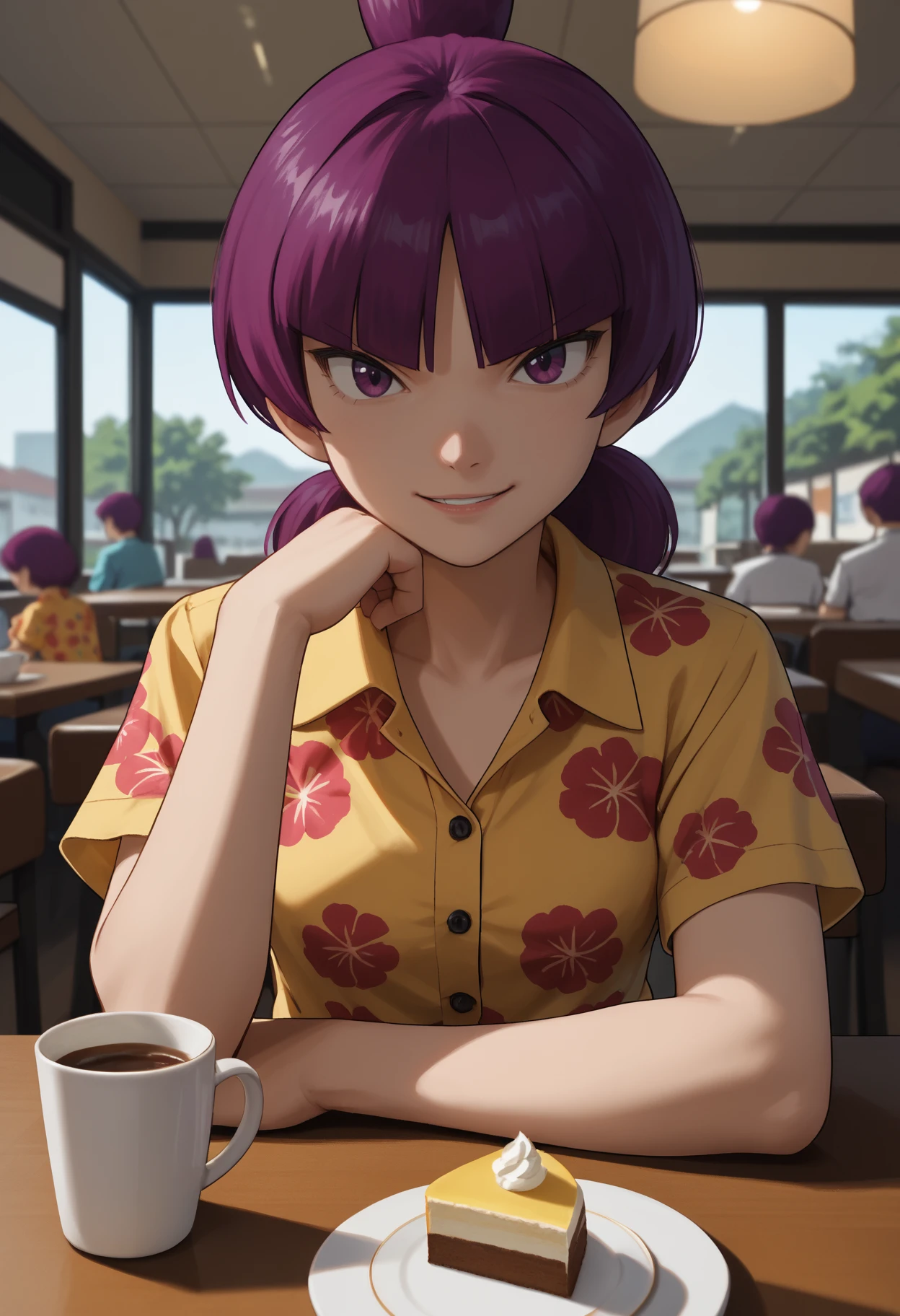 score_9, score_8_up,score_7_up, source_anime, 1girl, solo, <lora:Jptr_pdxl_EliPot:1>, gingadanjupiter, purple hair, purple eyes, medium hair,
 hawaiian shirt, dress shirt, unbuttoned, multicolored shirt, purple shorts, looking at viewer, pov across table, pov, table, cafe, coffee, upper body, elbow rest, seductive smile, smirk, parted lips, cake indoors,