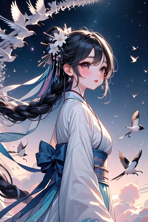 ((magpie bridge)), ((birds flock)), tanabata, cloud, high sky, starry sky, colorful sky, multiple colored hanfu, weaver girl, big breasts, flying, long hair, braids, hair flower, hair ornament, necklace, earrings, floating hair, wind, fog, from below, upper body, close-up, <lora:girllikemagpiebridge:0.8>