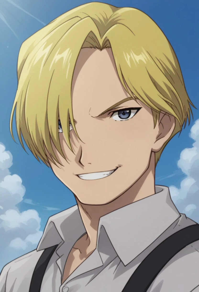 score_9, score_8_up, score_7_up, source_anime, highly detailed, 
russelltringham, 
1boy, solo, male focus, blonde hair, blue eyes, smile, hair over one eye, grin,
parody, looking at viewer, upper body
outdoor, sky,