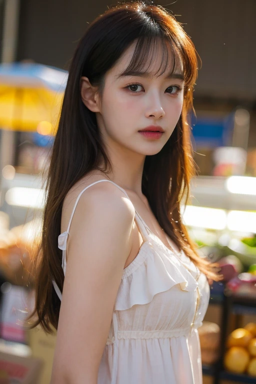 masterpiece, best quality, ultra-detailed, ultra high res, (photorealistic:1.4), raw photo, (realistic:0.2), 8k HDR, realistic lighting, looking at viewer, 1girl, solo, asymmetrical hair, outdoor, sky, (traditional market:1.2), bokeh, (detailed lips), (detailed pores), (detailed skin textures), (detailed face:1.2), (body:1.2), a woman in a sundress, cowboy shot,