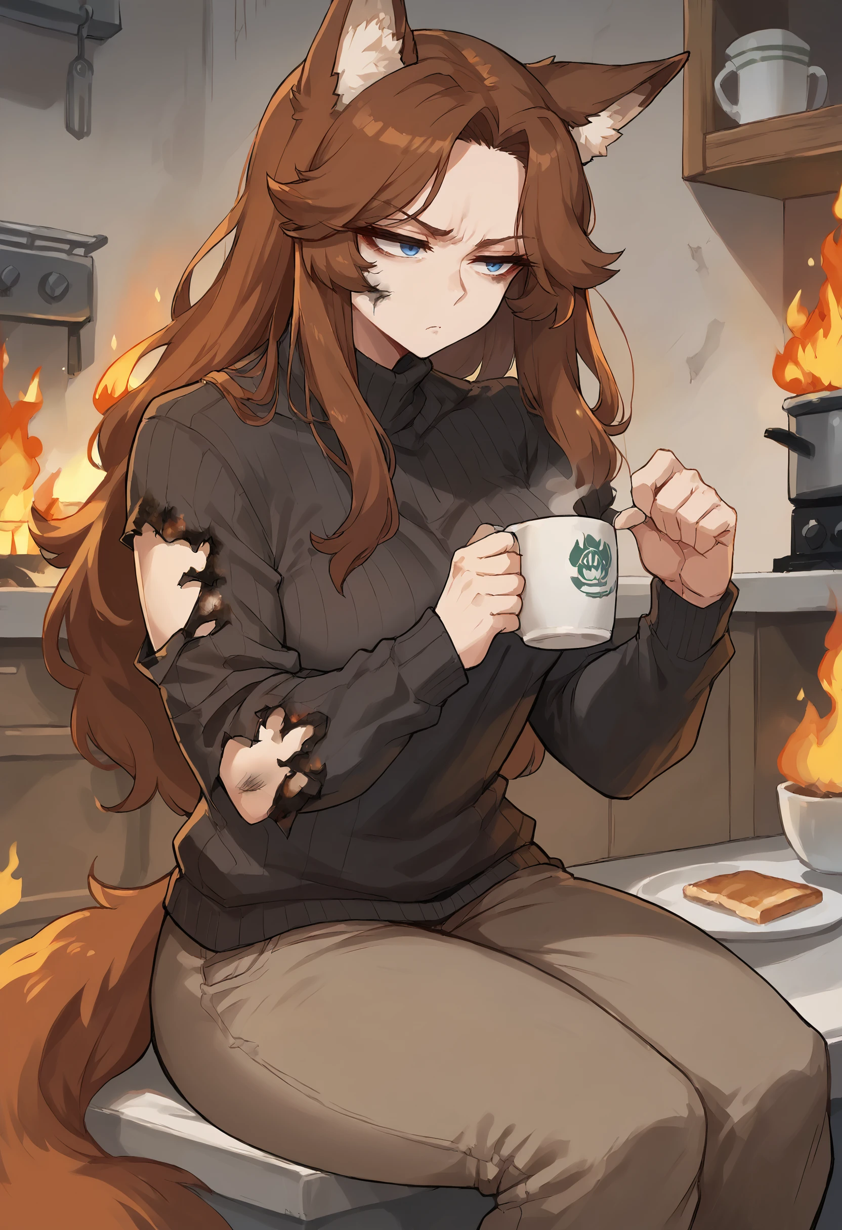 score_9, score_8_up, score_7_up, 1girl, fox girl, tail, long hair, brown hair, blue eyes, holding mug, drinking coffee, kitchen, sitting, expressionless, tired, sweater, burnt clothes, burnt-clothes, burnt, torn clothes, dirty, dirty face, (fire:1.2), across table, indoors, burning indoors, burning building, annoyed, pants, toast
<lora:Burned Clothes (pony) v1:1>