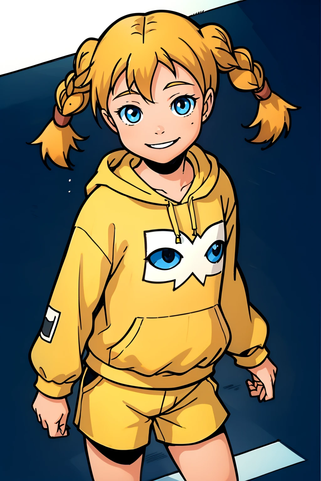 Katie_power ,1girl,solo,blonde hair,twintails,short twintails,twin braids,blue eyes,yellow hoodie,white shorts,smile,looking at viewer,masterpiece,best quality