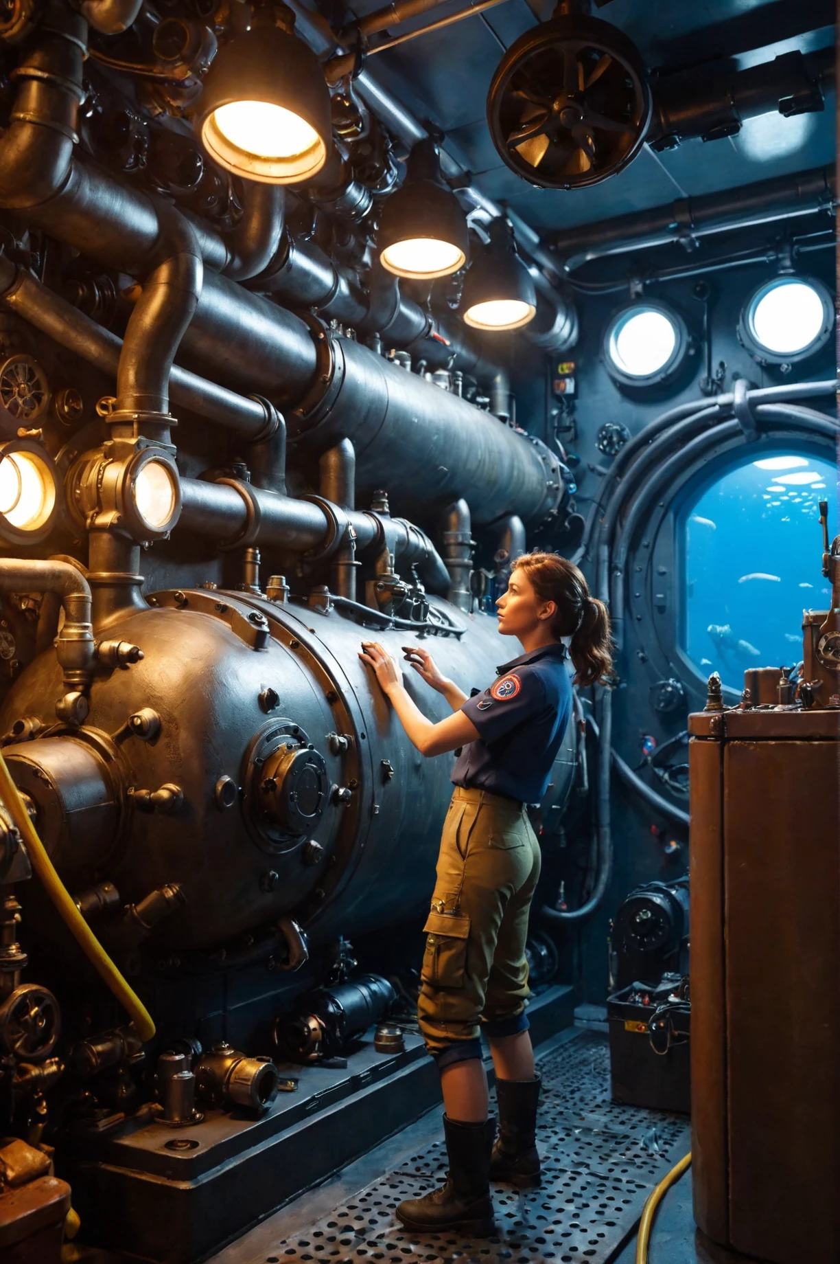 (CXL-Mech:1.3), woman mechanic working in a submarine engine room
(photorealistic) (best quality) (intricate details) (cinematic lighting) (sharp focus)