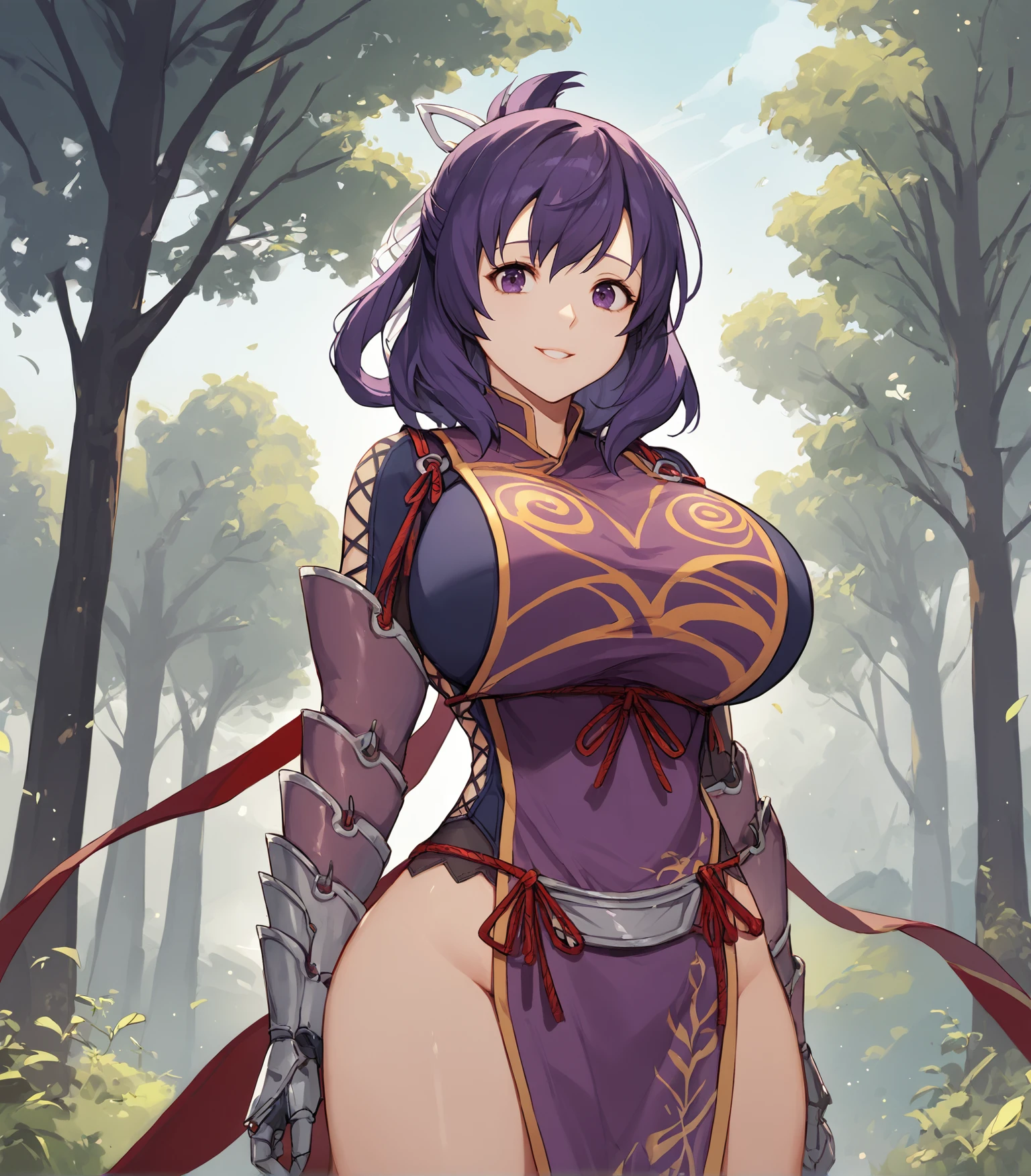 score_9, score_8_up, score_7_up, score_6_up, score_5_up, score_4_up, BREAK source_anime,
1girl, solo,  cowboy shot ,  looking at viewer, smile, outdoors, sky, trees,
 <lora:RixiaMao:0.9>, Rixia Mao, dark purple hair, medium hair, half updo, purple eyes, huge breasts, tabard, armored boots, thighhigh boots, armored gauntlet, pelvic curtain,