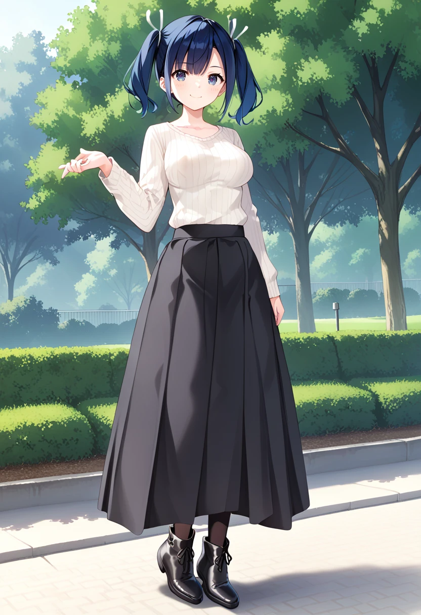 standing, solo, 1girl, park, full body, large breasts, <lora:KC_04AC_souryuu_pony:1> souryuukc, blue hair, short twintails, blue eyes, hair ribbon, white ribbon,     souryuuautumnkc, ribbed_sweater_collarbone, white sweater, black skirt, long skirt, black pantyhose, ankle boots, black footwear, score_9,score_8_up, score_7_up, source_anime, masterpiece, best quality,  official art, official style, game cg, megami magazine, rating_safe, rating_questionable, <lora:Fixhands_anime_bdsqlsz_V1:0.75>, NEGATIVE_HANDS