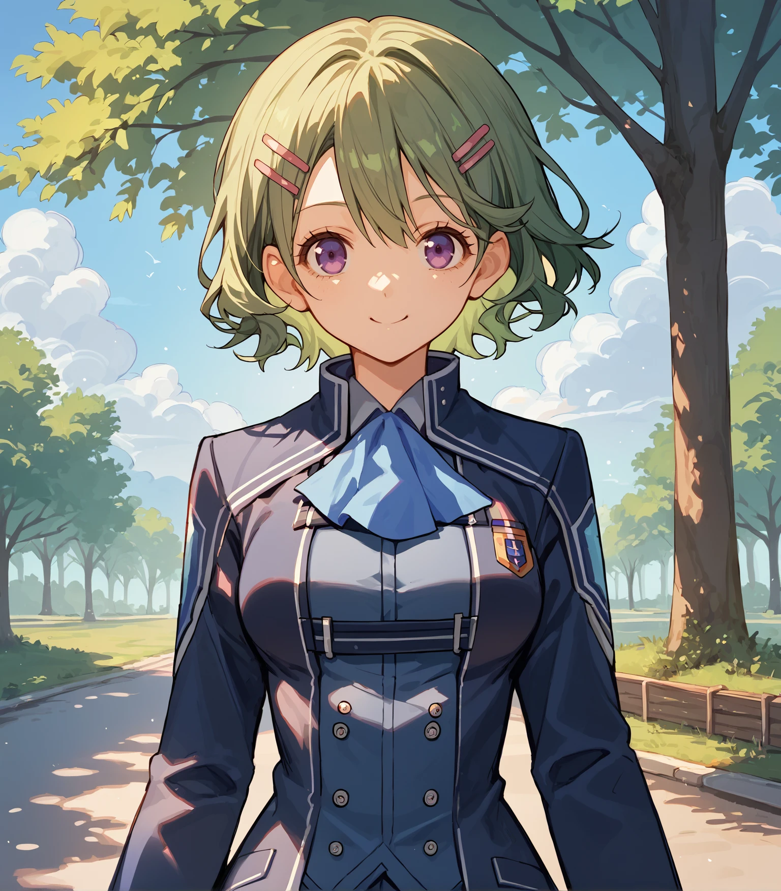 score_9, score_8_up, score_7_up, score_6_up, score_5_up, score_4_up, BREAK source_anime,
1girl, solo, <lora:MusseEgretThors:0.9>, Musse Egret, green hair, short hair, hairclip, purple eyes, medium breasts, blue ascot, school uniform, blue blazer, blue skirt, brown thigh boots,
outdoors, sky, trees,
looking at viewer, smile,
upper body, portrait, front view,