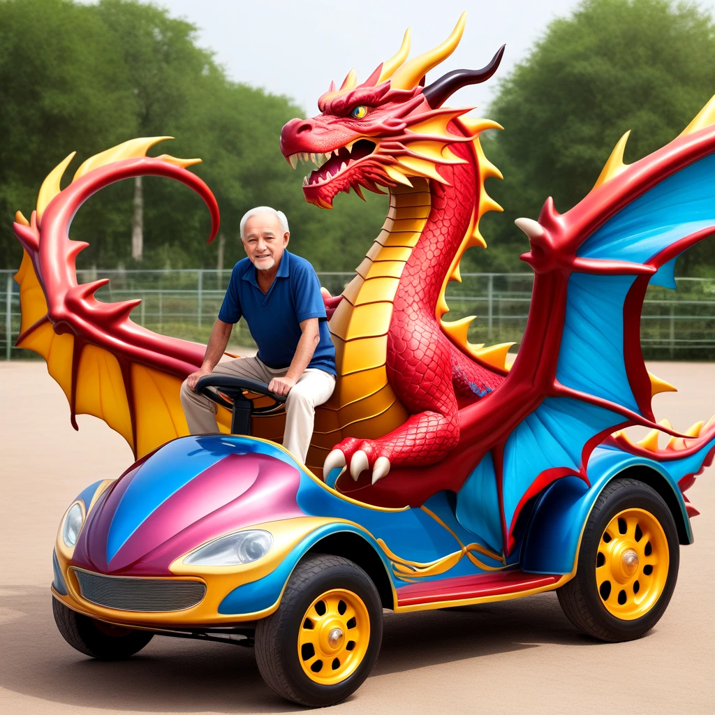 <lora:pandacar_SDXL:0.5>, old man sit astride on ground vehicle attraction, handle, realistic, huge dragon