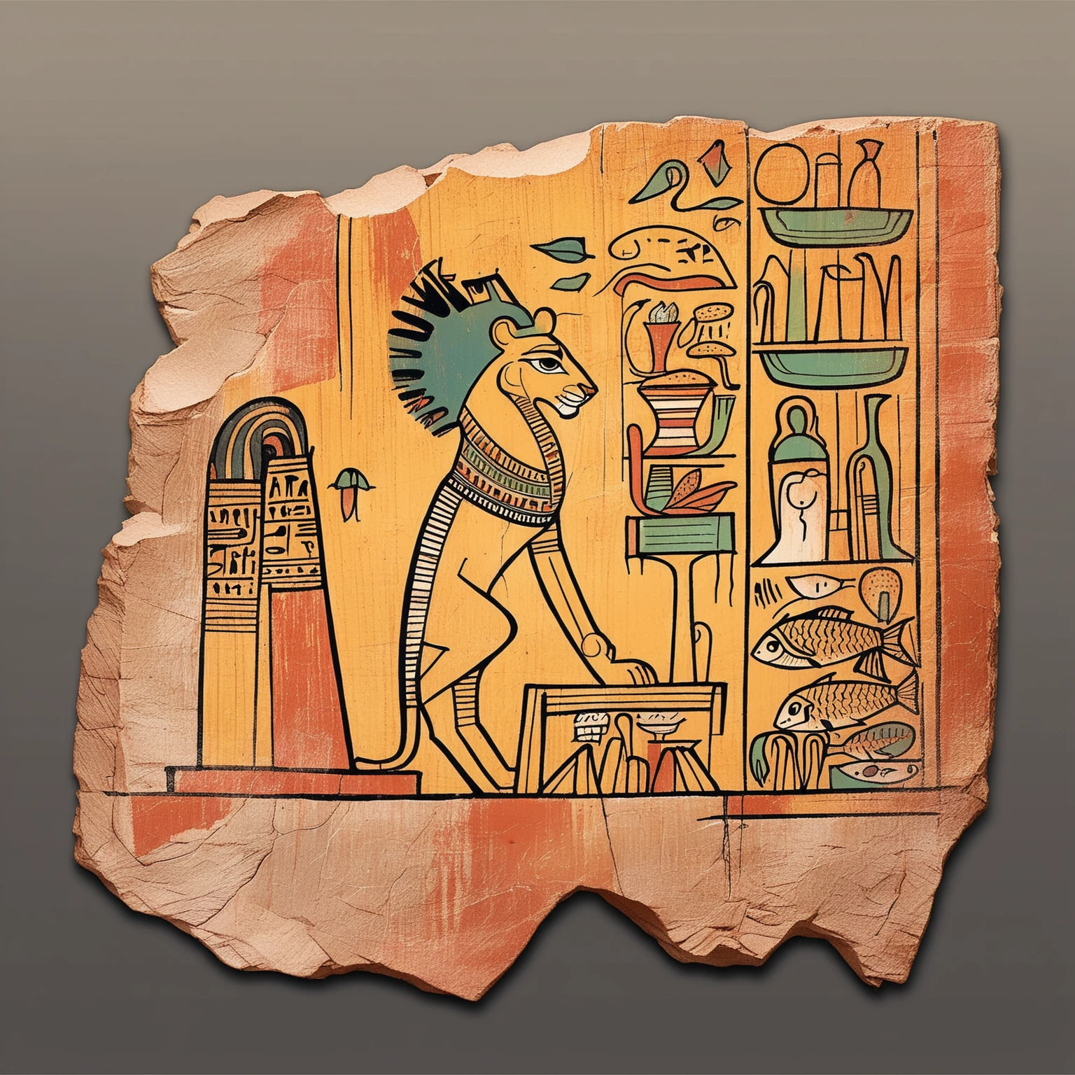 <lora:egypt_pony_v2.safetensors:0.95> egyptian hieroglyphs,stone \(medium\)
fish \(food\)   
symbolic painting \(genre\)
hellenistic \(style\)
(a depiction of a lion:1.1), score_9, score_6_up, score_7_up