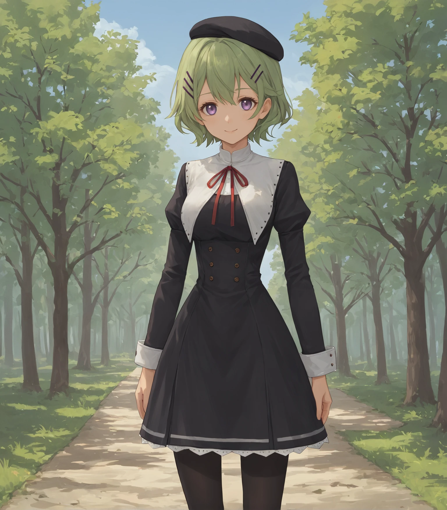 score_9, score_8_up, score_7_up, score_6_up, score_5_up, score_4_up, BREAK source_anime,
1girl, solo,  cowboy shot ,  looking at viewer, smile, outdoors, sky, trees,
 <lora:MusseEgretStAstraia:0.9>, Musse Egret, green hair, short hair, hairclip, purple eyes, medium breasts, beret, black dress, red ribbon, black pantyhose, black shoes