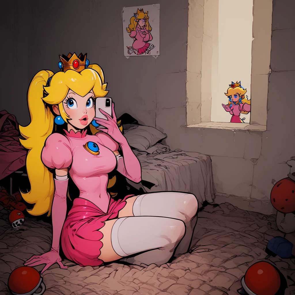 (score_9, score_8_up, score_7_up),illustration of 1 girl,  24 years old, super cute, sexy,  pigtails hairstyle,,blonde hair color,,  (princess peach outfit, clothed, sfw:1.3), 
BREAK, 
in a princess castle, inspired by mario bros, peach style, 
<lora:Amateur_Nudes_Lascalae-000010:1>, SPnude_anime_lascalae, selfshot, sitted,, ((harsh flash)), 
 <lora:Jabstyle_AMXLV1:1>, jabstyle,