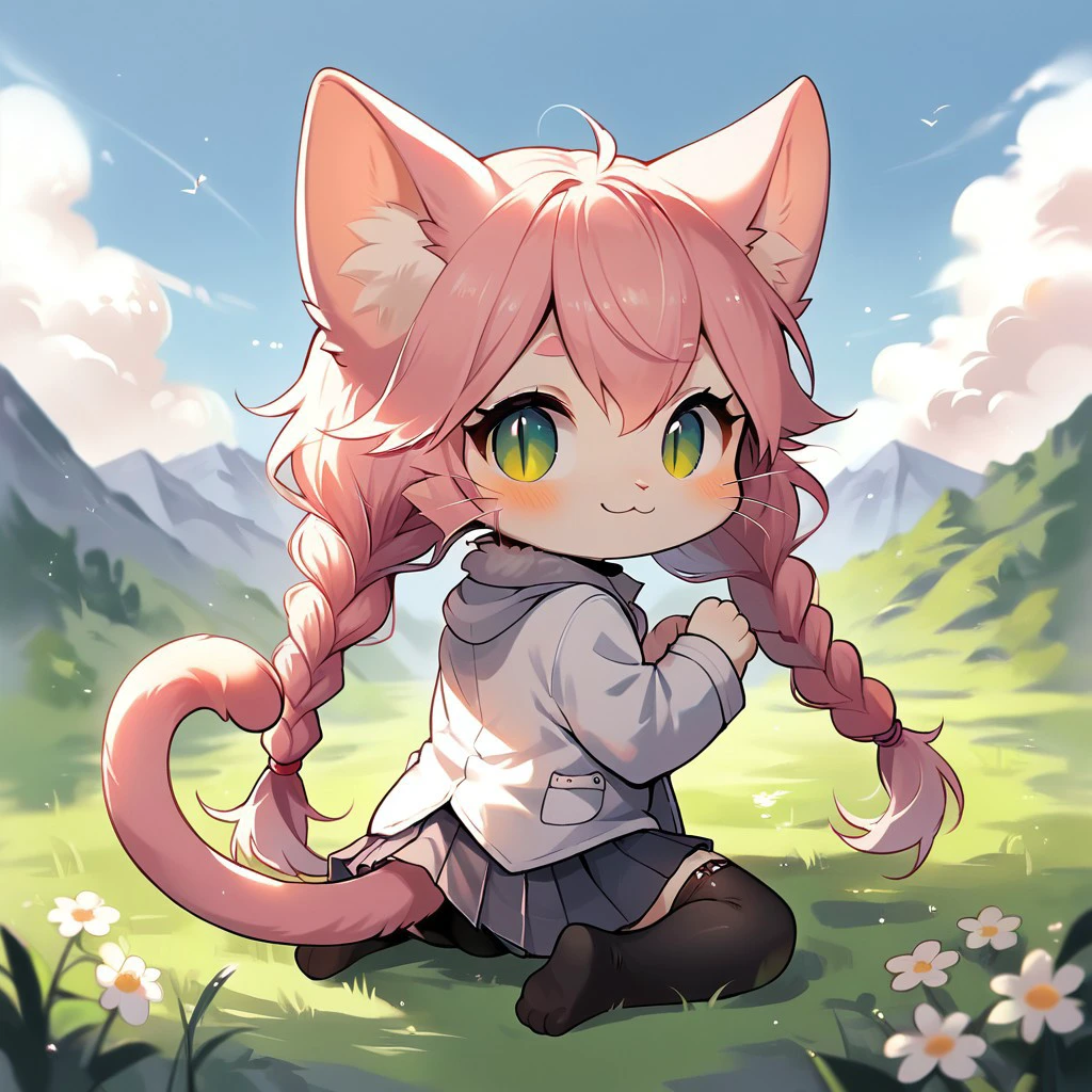 source_furry, moe, cute, score_10, score_9_up, score_8_up, score_7_up, score_6_up, sun,blue_sky, mountain, field, rear view,looking back,presenting hindquarters,on_side,lying, smile, Full Body, Romantic, Small Body, Furry, cat_busters,((solo,1girl,female)), domestic_cat felid,feline,felis,mammal ,((neko_hakase)), 5_fingers,black_nose,small_nose,whiskers,white_body,white_fur, hair,bangs,braided_hair,long_hair,hair_between_eyes,pigtails,twin_braids,pink_fur,pink_hair,pink_tail, clothing,coat,topwear,long_sleeves,black_clothing,shirt,black_shirt,black_topwear,lab_coat,miniskirt,pleated_skirt,bottomwear,grey_bottomwear,grey_clothing,skirt,grey_skirt, legwear,stockings,black stockings no humans,animal,cat,cat ears,(pink inner ears),pupils,slit_pupils,green_eyes,chibi:1.2,cute