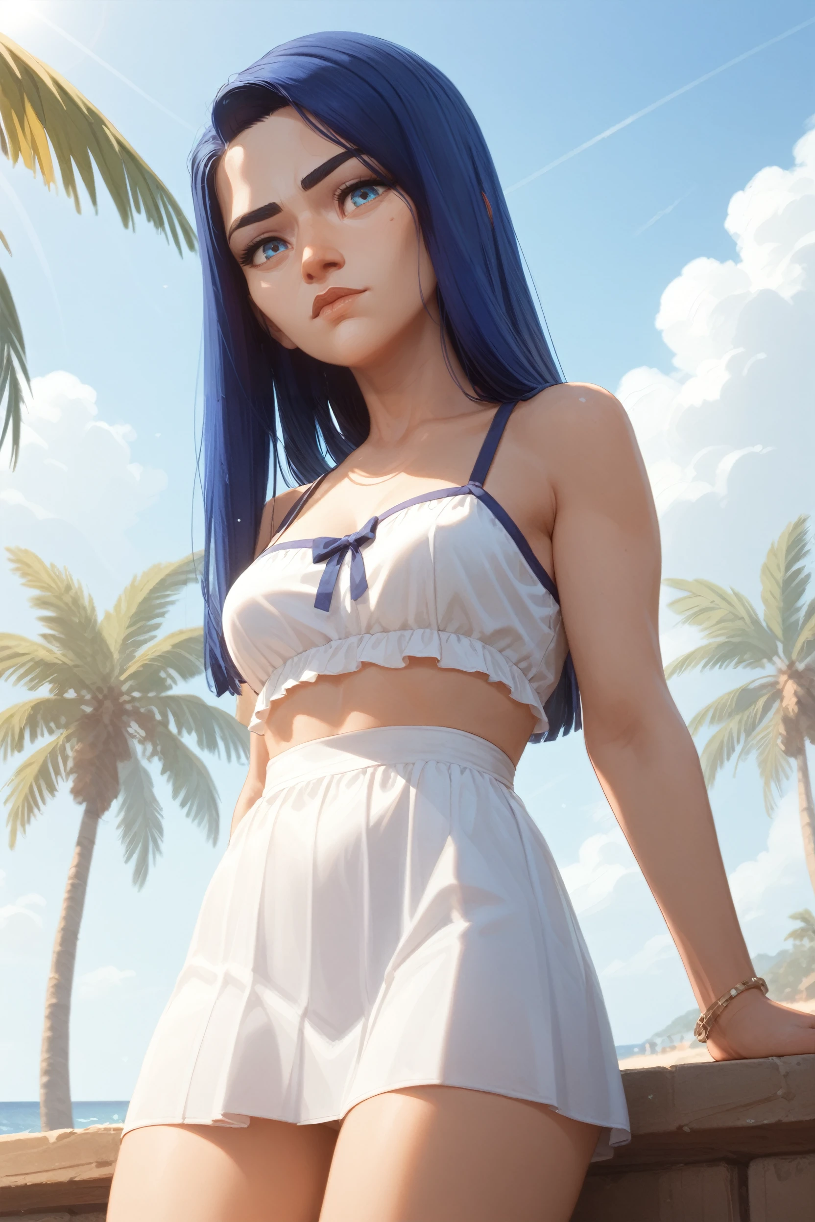 score_9, score_8_up, score_7_up, score_6_up
<lora:ALCaitlyn:1.0>
ALCaitlyn, 1girl, blue hair, long hair, blue eyes, looking at viewer, at the beach, minidress, palm trees, sundown