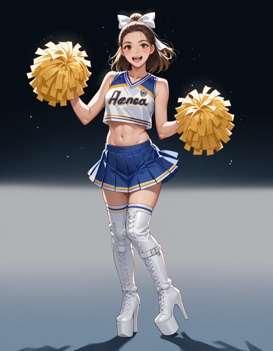 score_9, score_8_up, score_7_up, score_6_up, score_5_up, score_4_up, 1girl, solo, ((cheerleader outfit)), excited, energetic,Pleated Skirt,Crop Top,Team Logo,Pom-Poms,Sneakers,Hair Bow,Socks,Wristbands,Cheerleading Megaphone ,  hud_pl3aser_infin1ty3028, white high heel thigh boots, platform footwear, <lora:hud_pl3aser_infin1ty3028_XLP:0.7>,