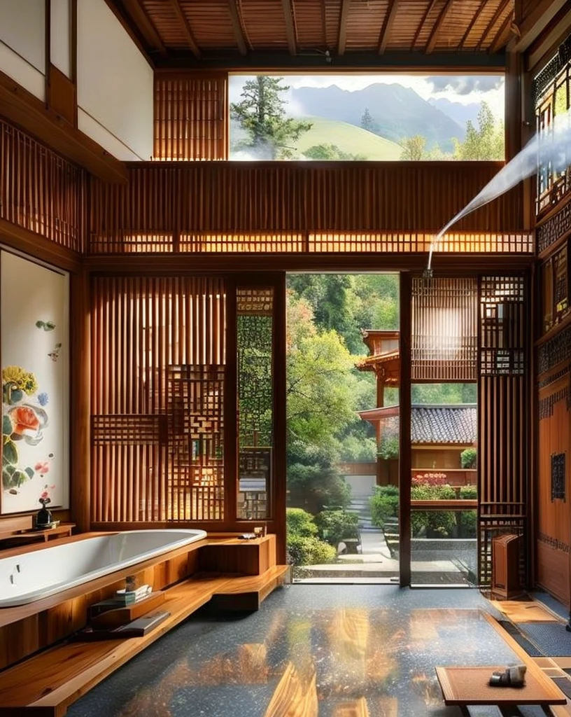 architecture, no humans, scenery,indoors, corridor, bathroom, bathtub with steam, dark wooden, dark wooden bench, dark wooden floor, couch, east asia architecture, Chinese architecture, <lora:Chinese Home Interior V3:1.2>,masterpiece,full detail, modern,LAOWANG,afternoon,sunset