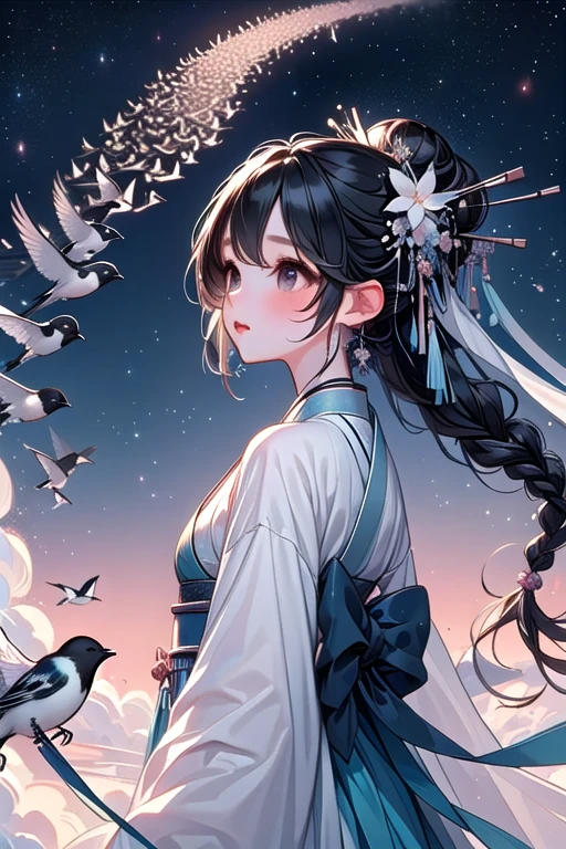 ((magpie bridge)), ((birds flock)), tanabata, cloud, high sky, starry sky, colorful sky, multiple colored hanfu, weaver girl, big breasts, flying, long hair, braids, hair flower, hair ornament, necklace, earrings, floating hair, wind, fog, from below, upper body, close-up, <lora:girllikemagpiebridge:0.9>