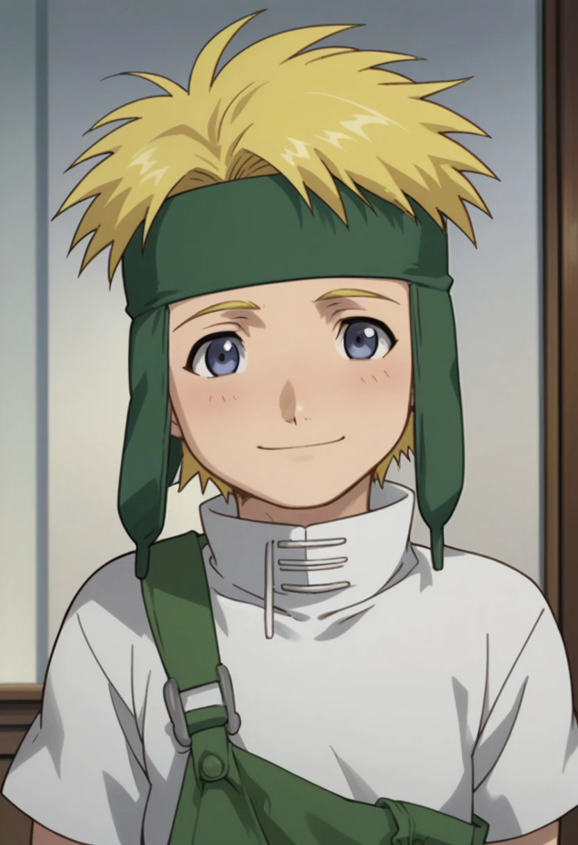 score_9, score_8_up, score_7_up, source_anime, highly detailed, 
fletchertringham, solo, 1boy, male focus, blonde hair, upper body, standing, shirt, white shirt, pants, short sleeves, headband, green pants,
overalls, forehead protector, blue eyes, smile, portrait, blush,