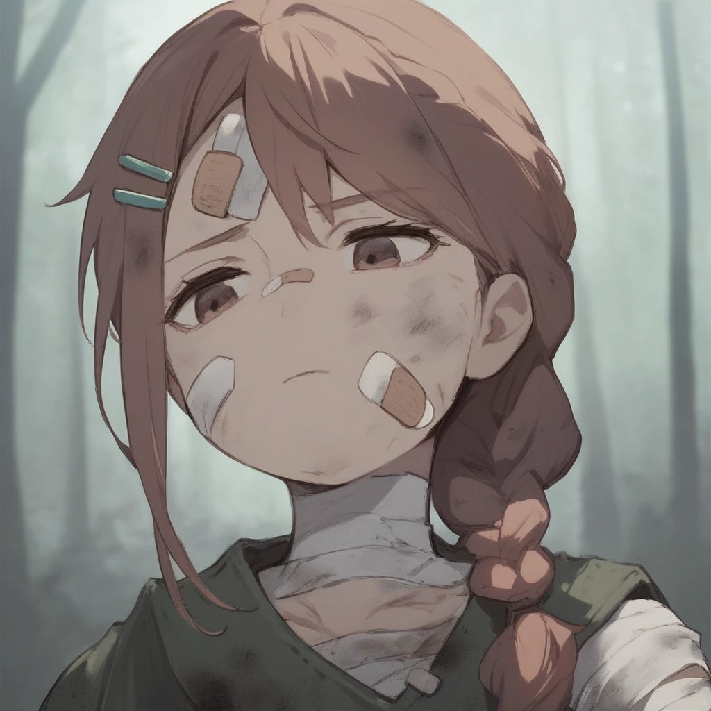 score_9, score_8_up, score_7_up, Tae, Blame!, 1girl, solo, long hair, brown hair, hair ornament, closed mouth, brown eyes, upper body, braid, red hair, hairclip, expressionless, looking down, bandages, bandaid, injury, dark, dirty, bandage on face, forest background, anime coloring, sensitive