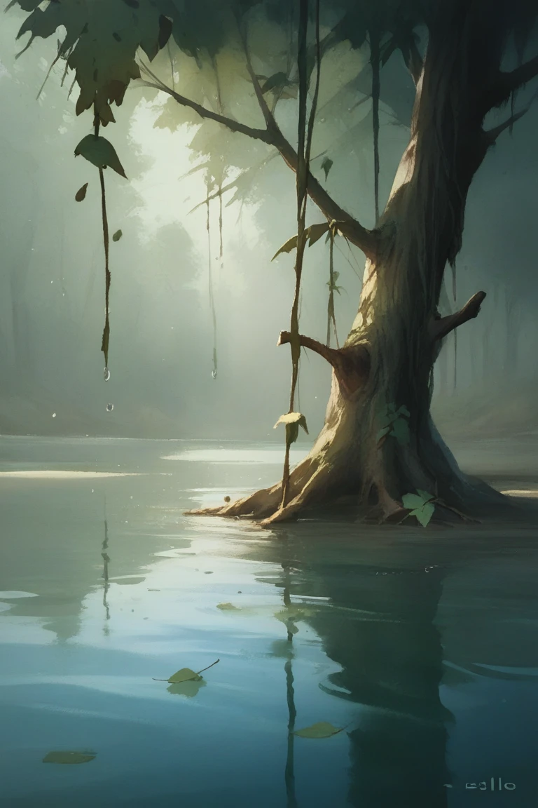 score_9, score_8_up, score_7_up,"The image shows a painting of a weeping willow tree by the water, with its branches and leaves glistening in the sunlight. The tree is surrounded by a tranquil body of water, and the sky is a deep blue, creating a peaceful atmosphere."